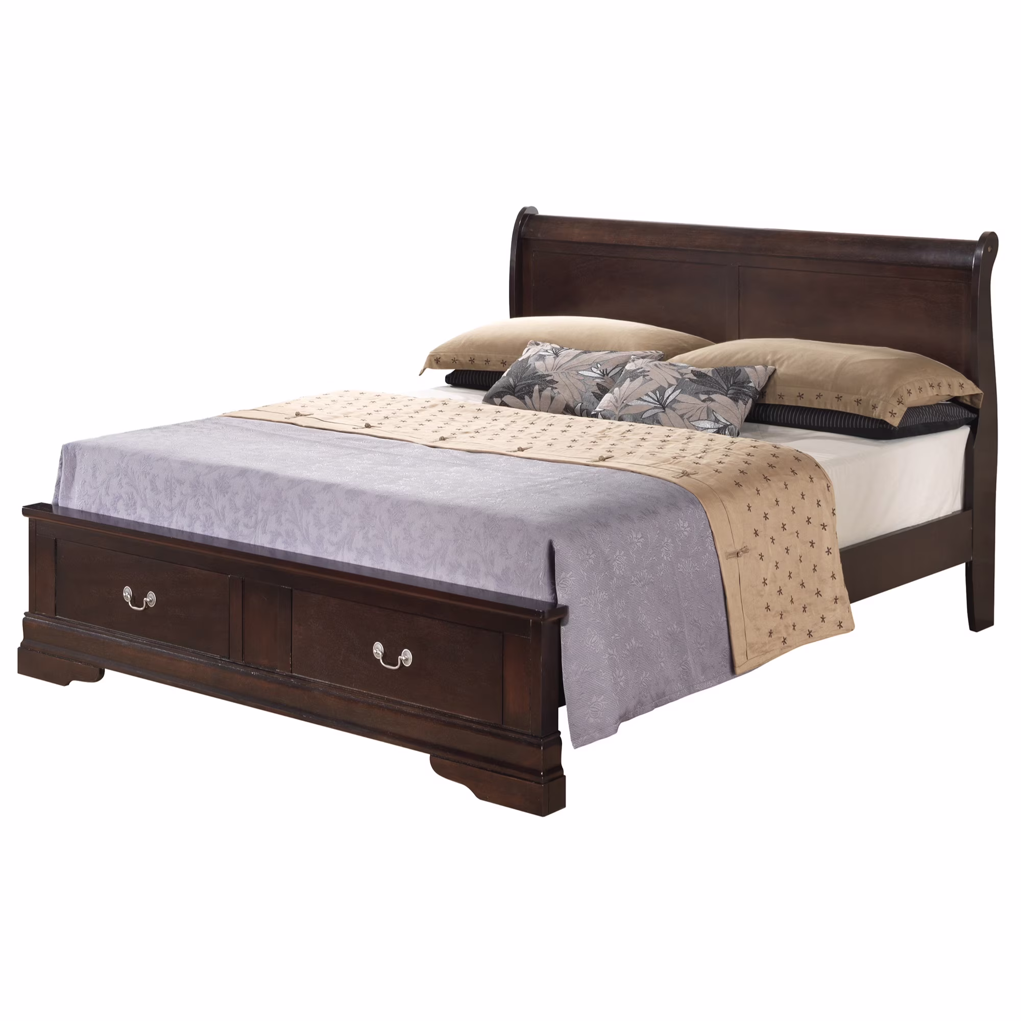 Passion Furniture  Louis Philippe Storage Sleigh Wood Bed, Cappuccino - Queen Size