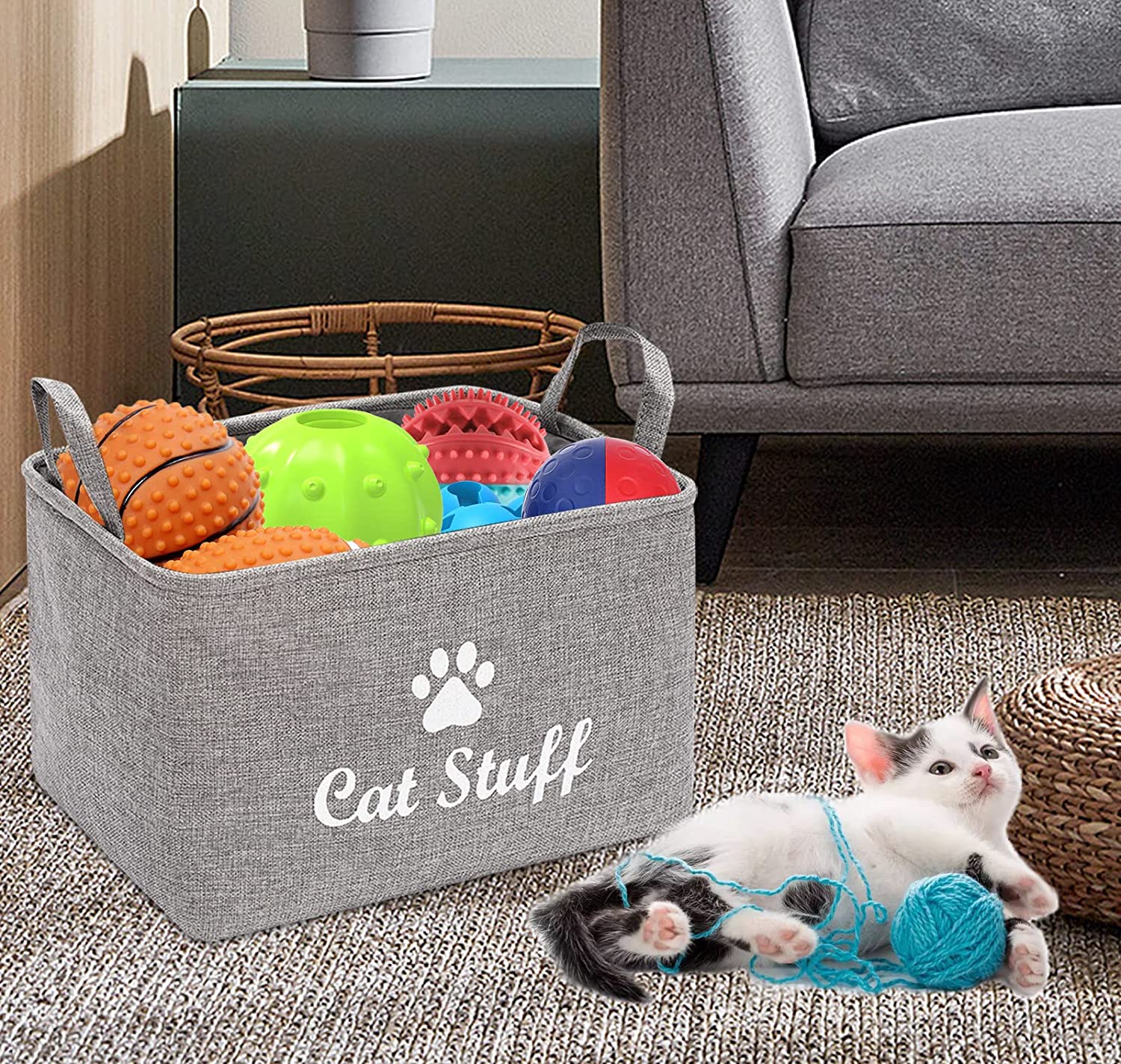 Morezi Cat Toy Box Baskets Storage Small Collapsible pet Toys bin with Handles, Perfect for Collect pet chew Rope, Blankets, leashes and Diaper - Grey - Cat - L