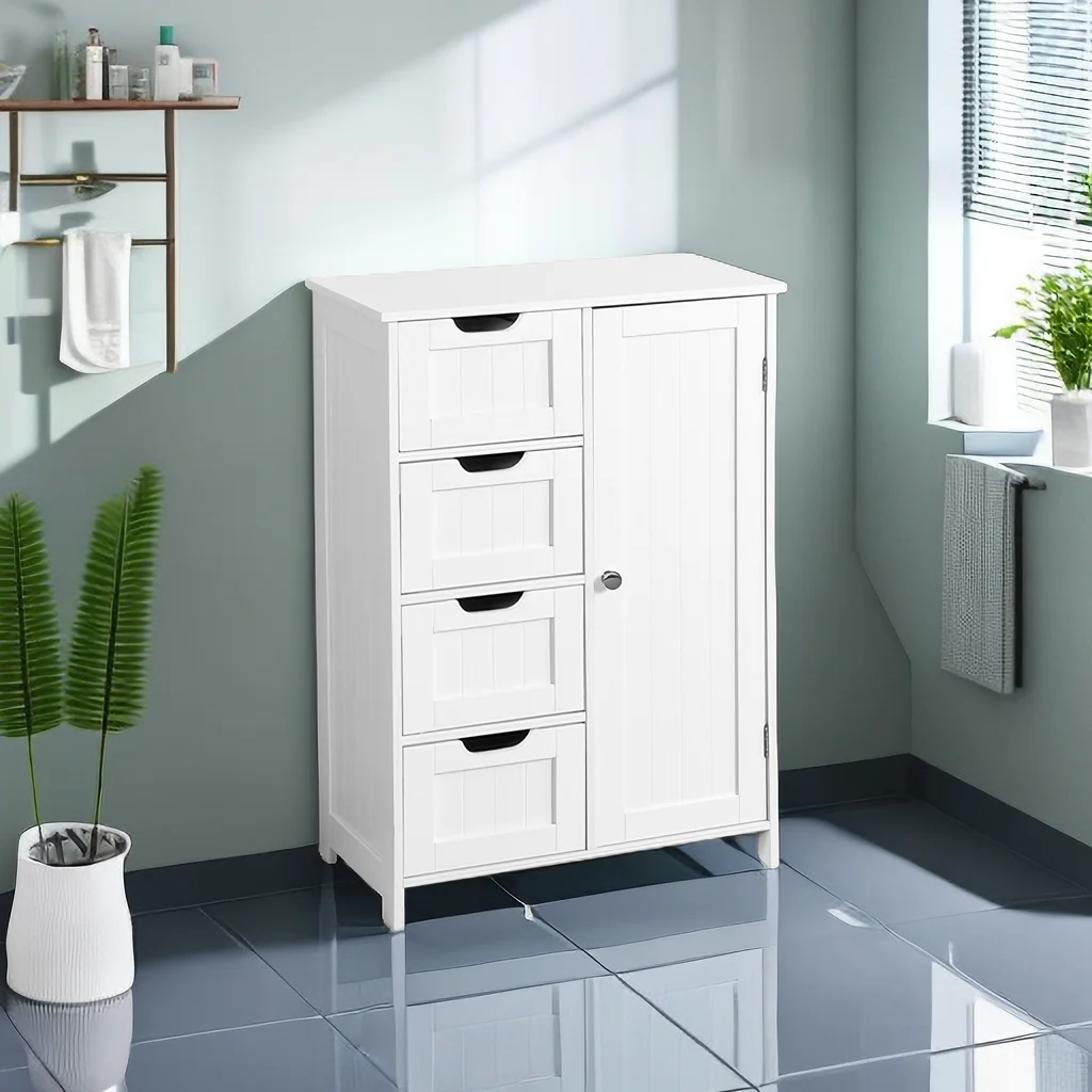4 Drawer Dresser for Bedroom, White Chest of Drawers with Door for Children , Modern Storage Cabinet, Wood Organizer for Living Room Nursery Bathroom