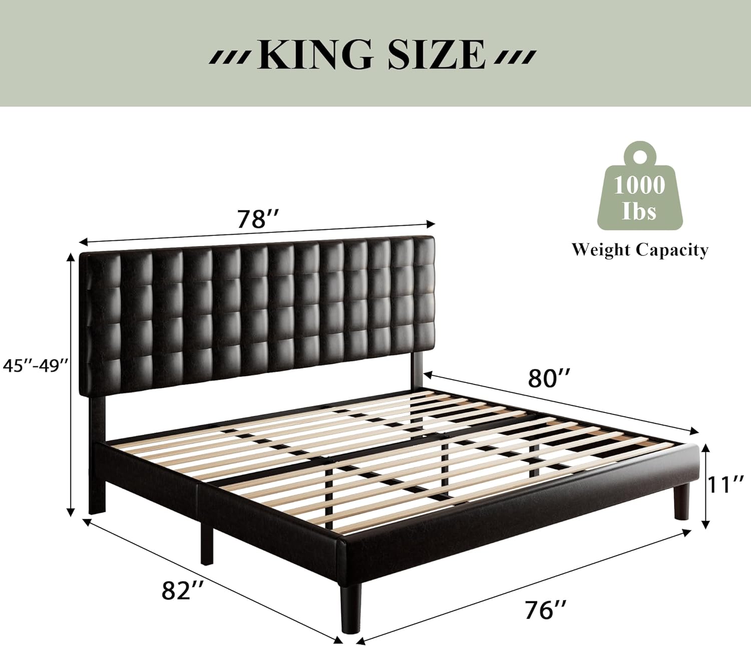 King Size Bed Frame with Square Stitched Headboard, Faux Leather Upholstered Platform Bed Frame, High-Density Sponge Filled, Solid Wood Slats, No Box Spring Needed, Noise-Free, Black