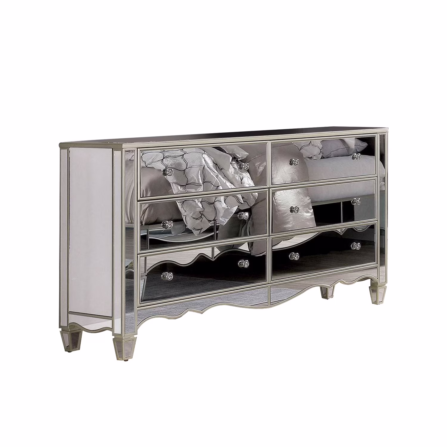 Benjara Dresser with Crystal Knobs and Mirror Panels, Silver