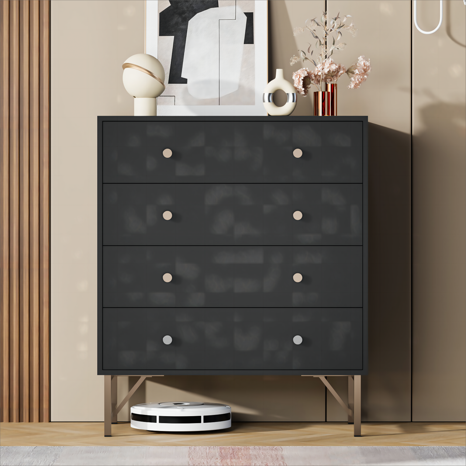 Cozy Castle Modern 4 Drawer Dresser, 4 Drawer Chest of Drawers with Gold Knobles and Legs, Closet Dresser Chest of Drawer for Bedroom, Living Room, Black