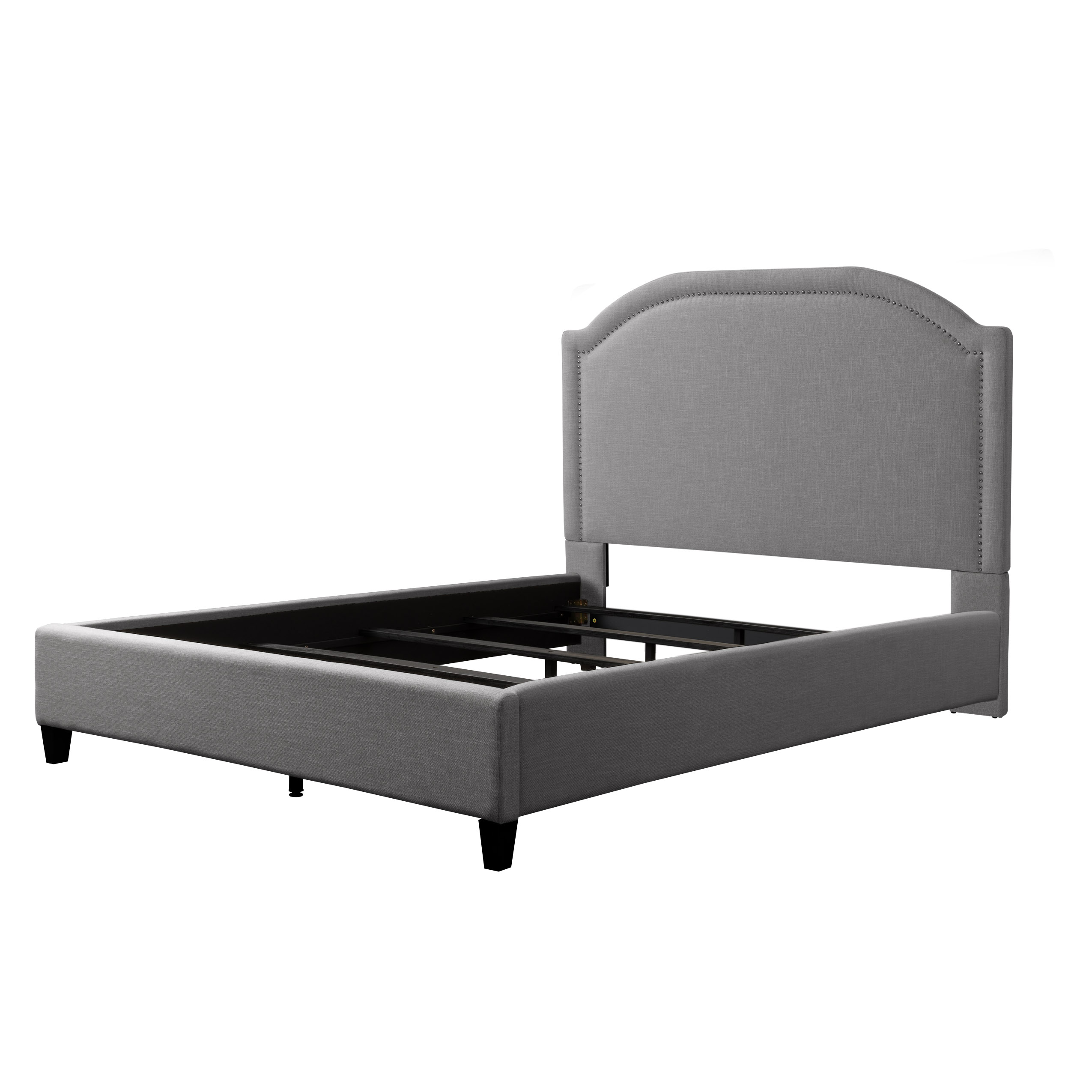 CorLiving FLR-523-Q Grey Fabric Queen Bed Frame with Arched Headboard and Nailhead Trim Accents