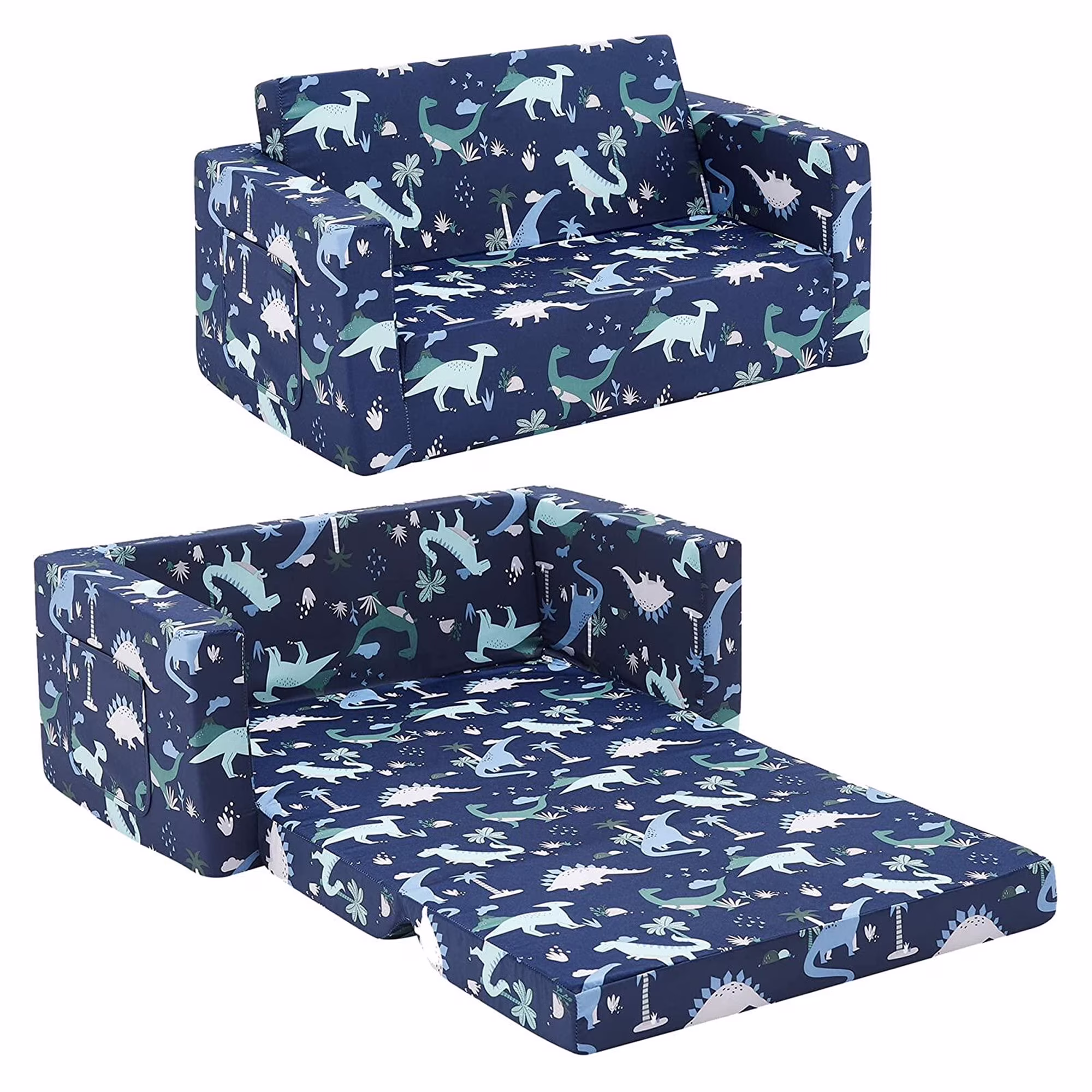 Ulax Furniture Convertible 2-in-1 Flip Open Kids Loveseat/ Couch/ Sleeper Sofa (Navy Dinosaur)