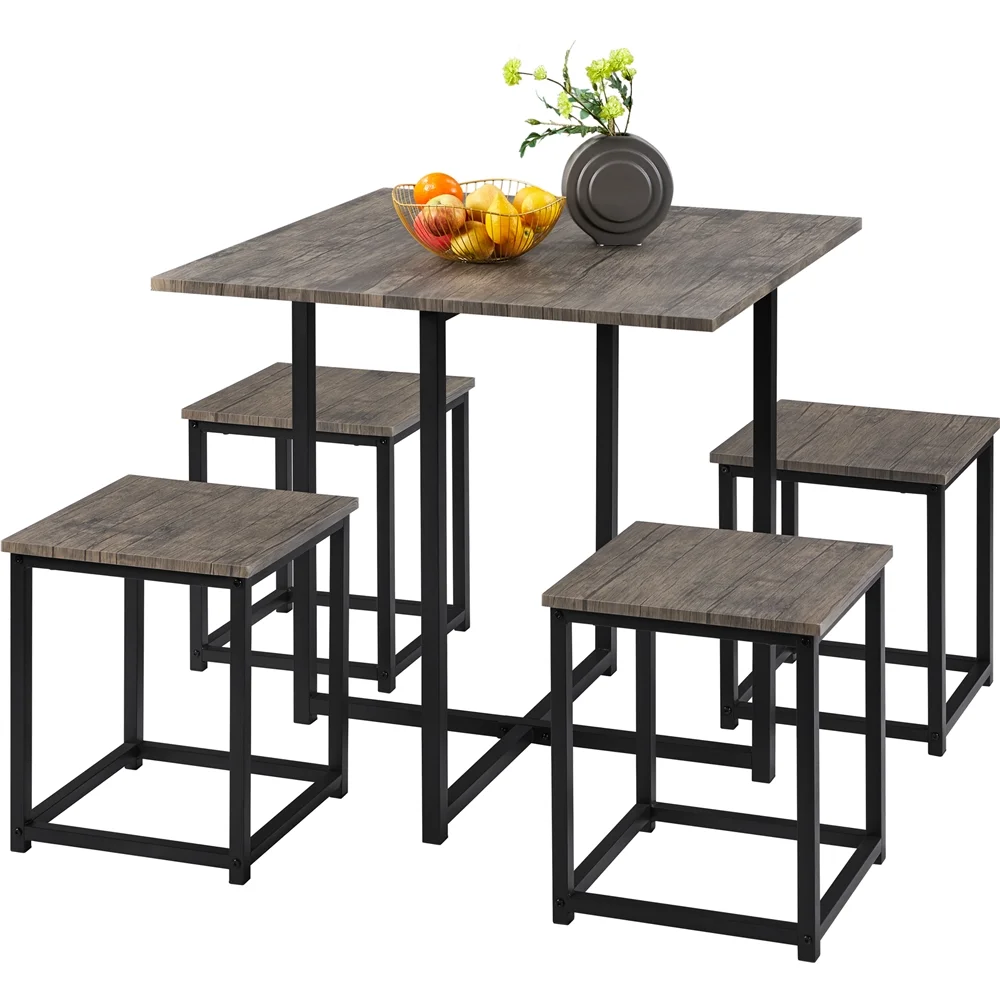 Topeakmart 5-Piece Industrial Dining Set with Square Table, 4 Backless Stools, Drift Brown