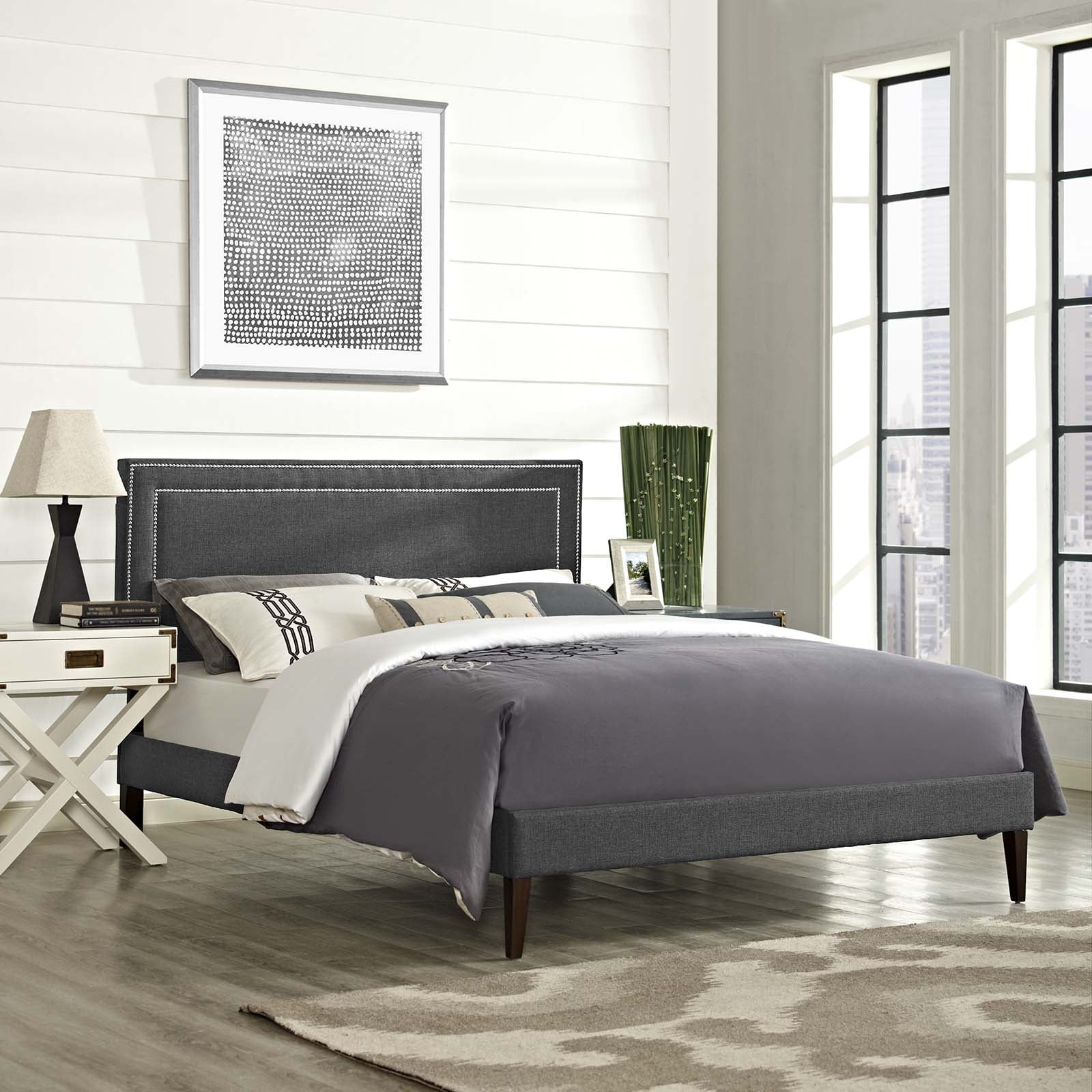 Modern Contemporary Urban Design Bedroom Queen Size Platform Bed Frame, Fabric, Grey Gray