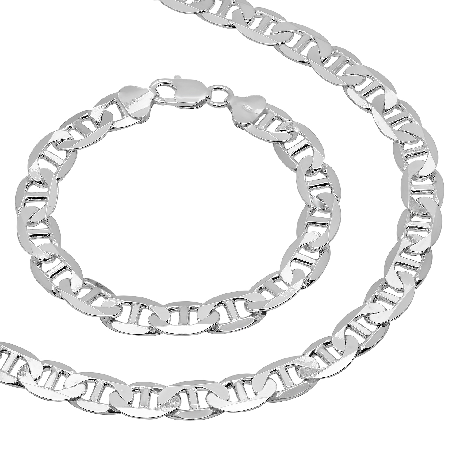 10mm Solid .925 Sterling Silver Flat Mariner Chain Necklace + Bracelet Set, 22