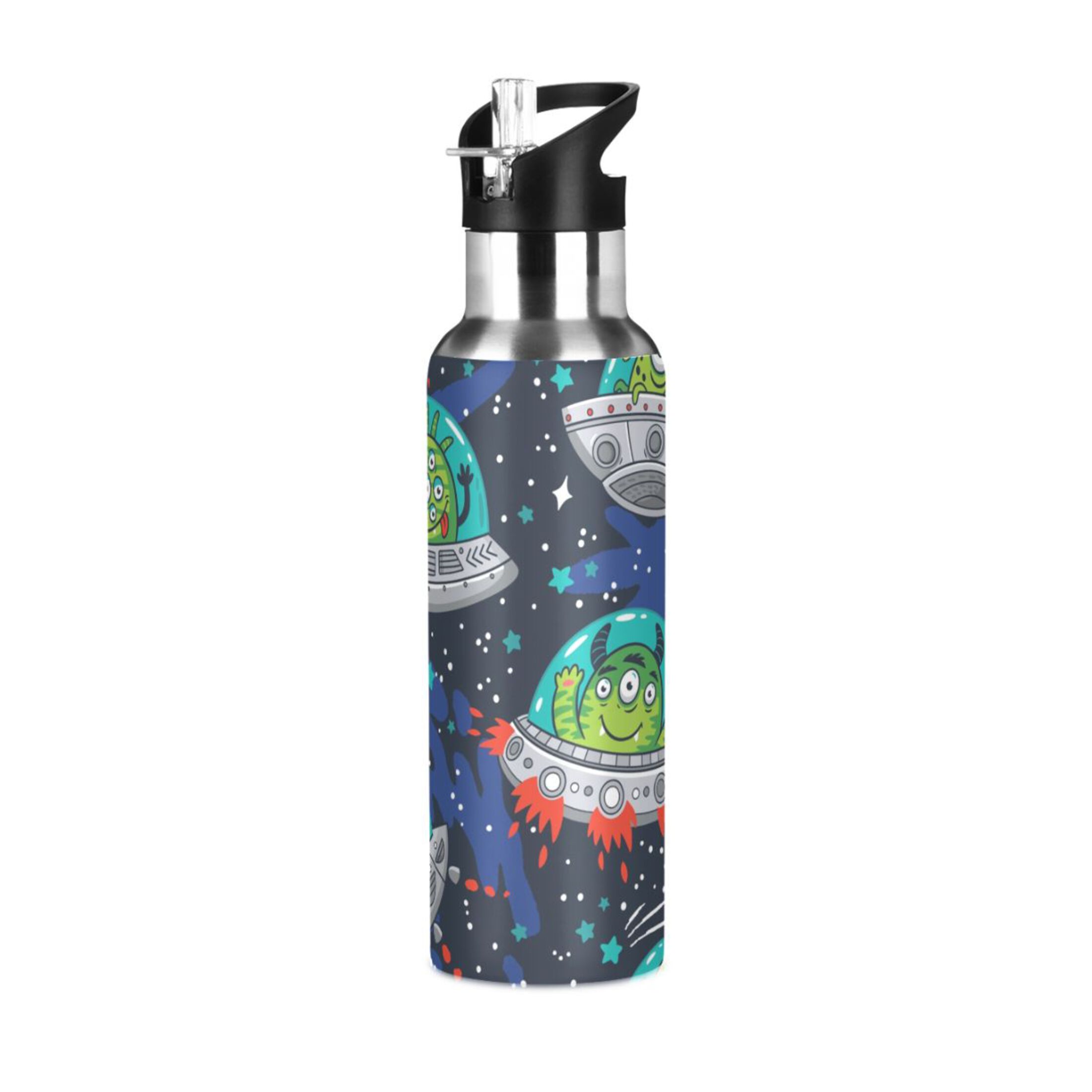Water Bottle with Straw Lid Leak Cartoon Monsters in Spaceships Stainless Steel Insulated Thermos Vacuum Flask for Cold Hot Drinking for Sports Camping Gym Yoga