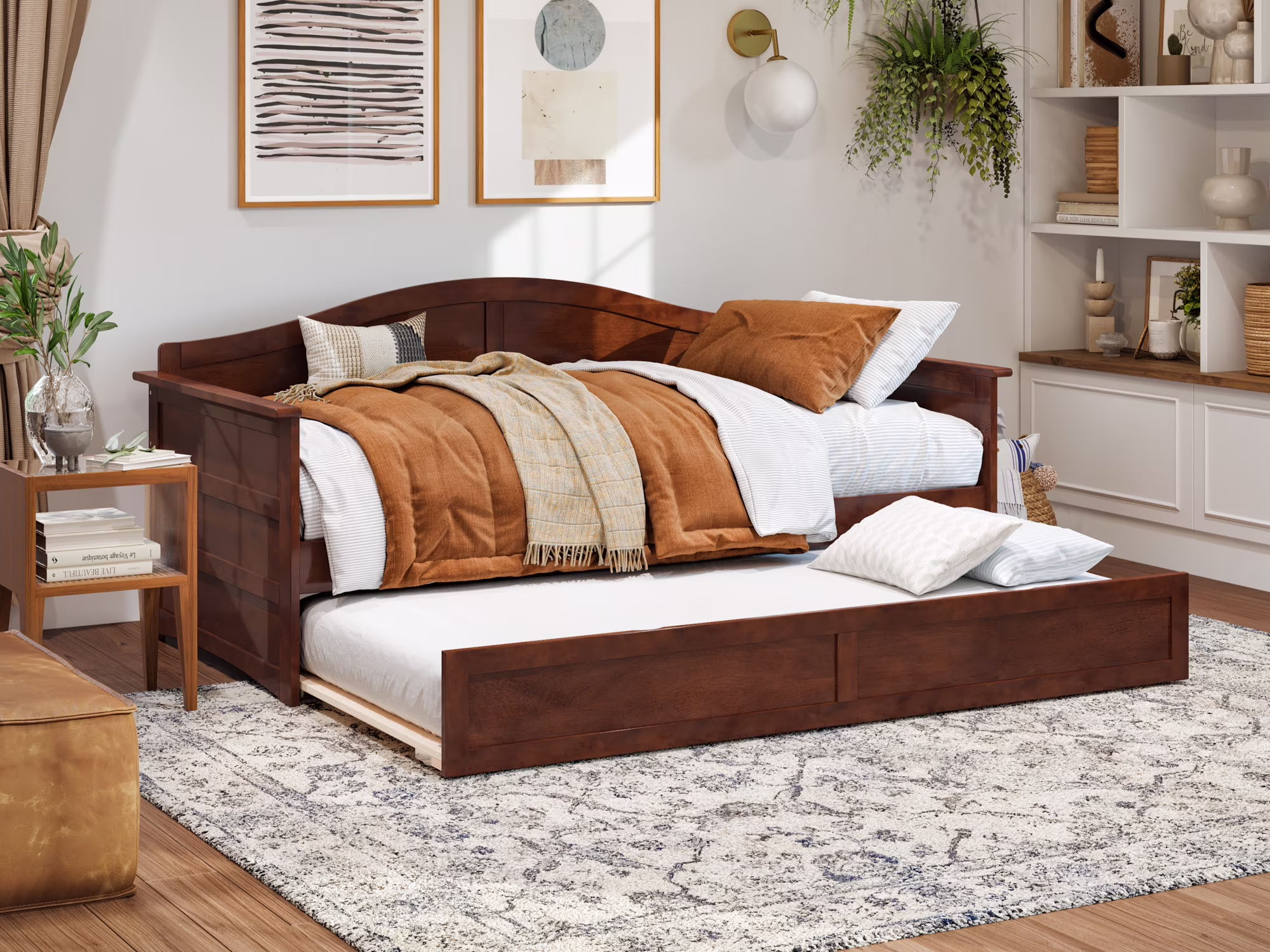 AFI Acadia Wood Twin Size Daybed Frame with Twin Trundle Walnut