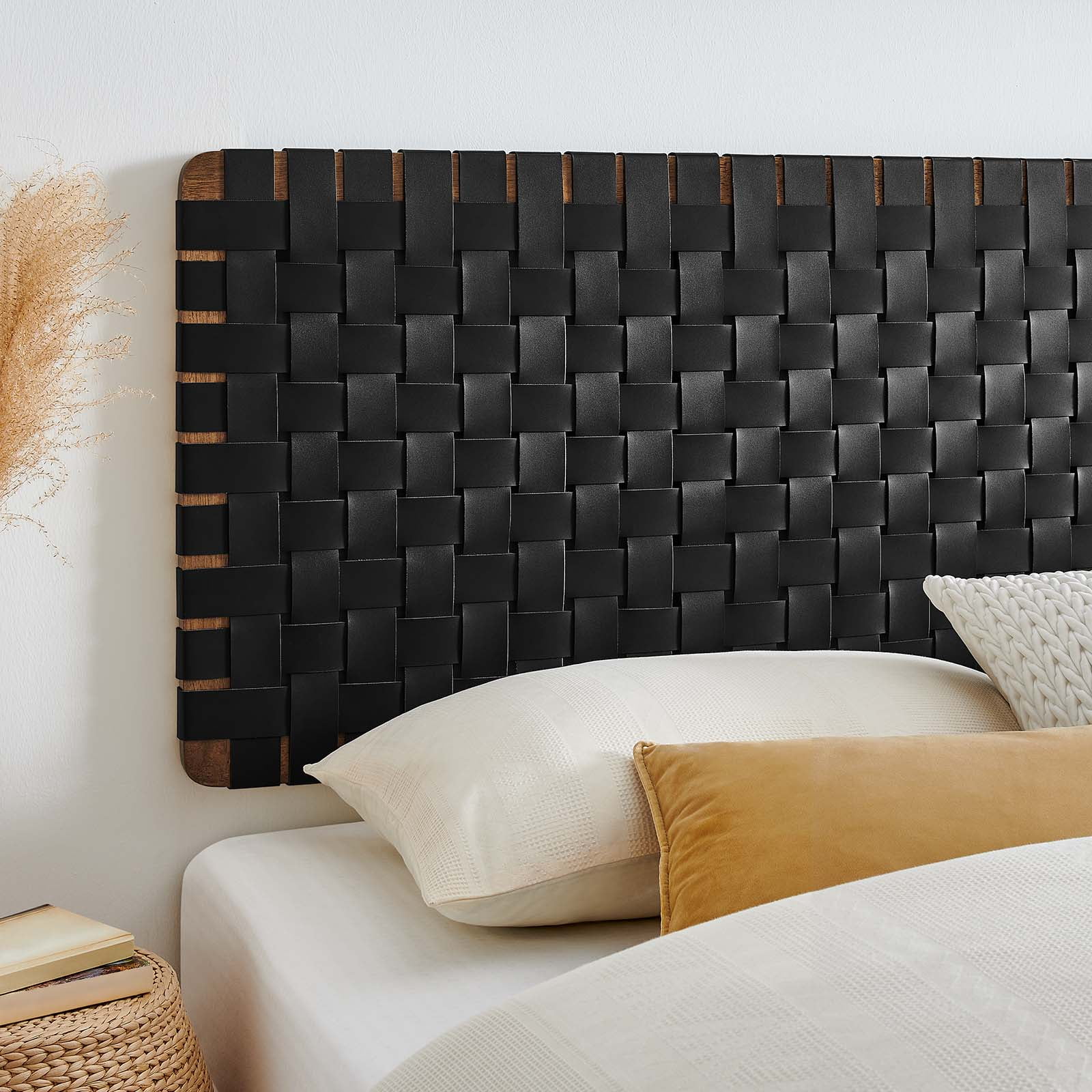 Modway Sparta Weave Wall-Mount King Vegan Leather Headboard in Walnut Black