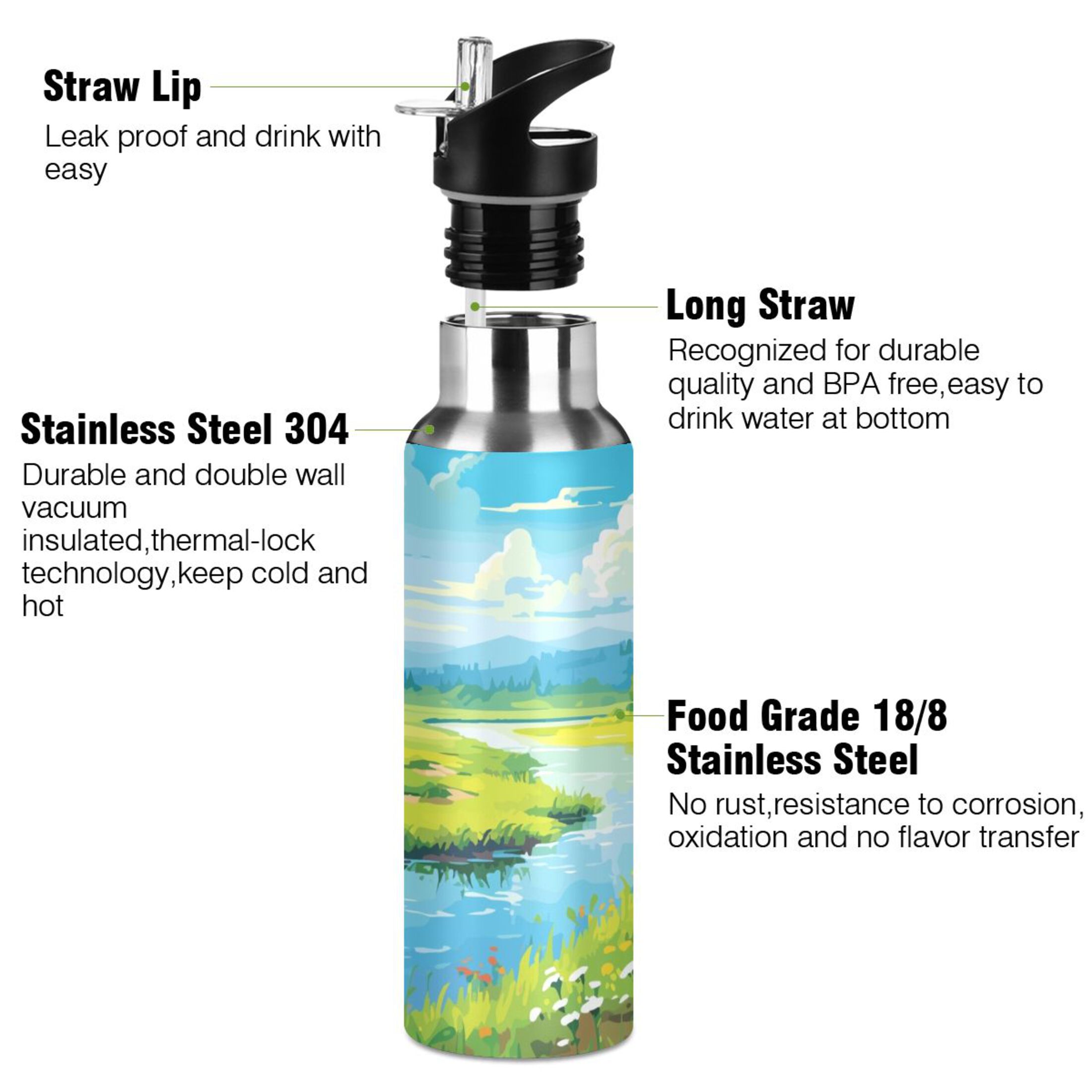 Summer Landscape Green Water Bottles Insulated Thermos Kids Stainless Steel Bottle with Straw Lid Flask Leakproof for Sports Gym 20 oz