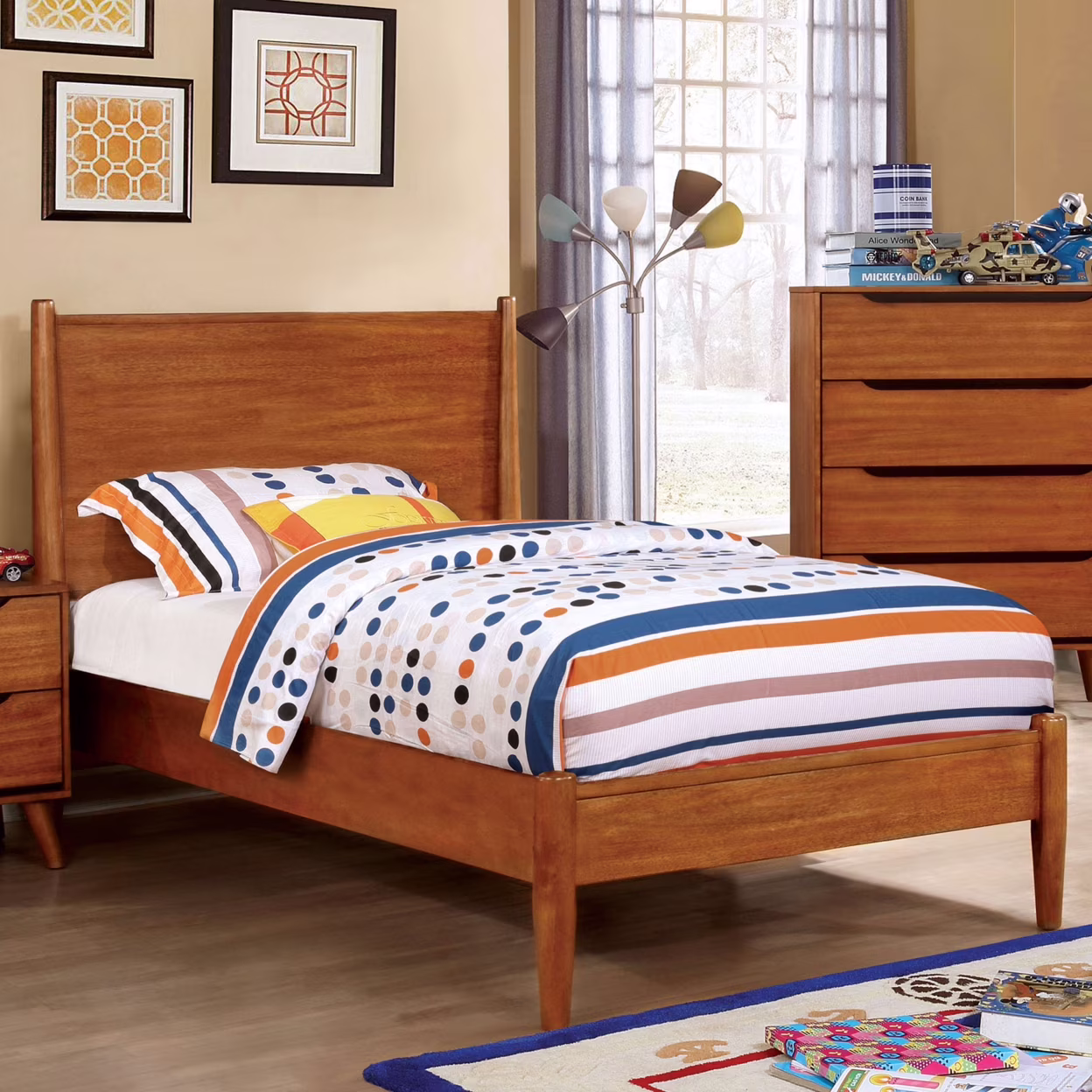 Wooden Transitional Twin Bed With Round Tapered Legs, Oak Brown- Saltoro Sherpi