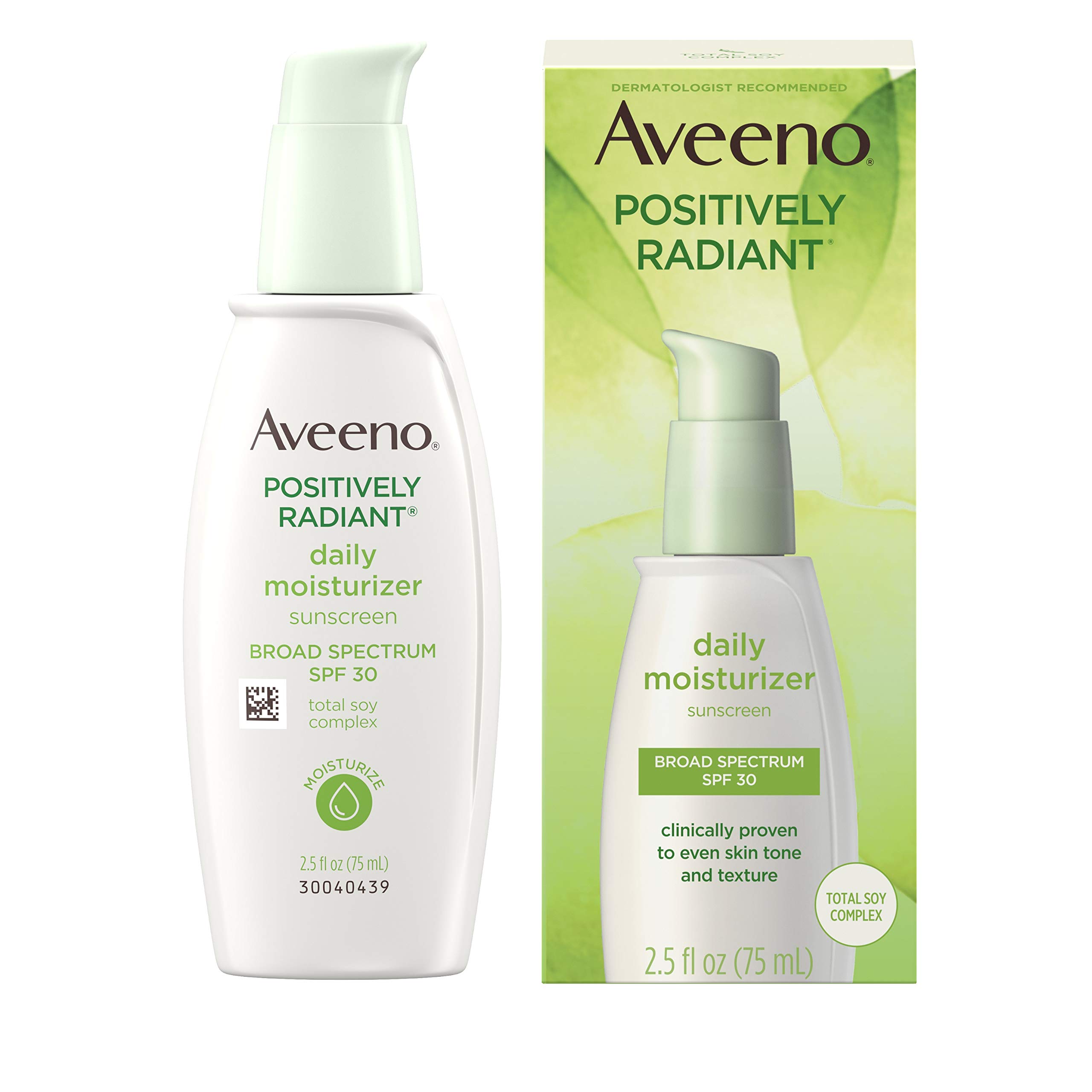 Aveeno Positively Radiant Daily Facial Moisturizer With Total Soy Complex And Broad Spectrum Spf 30 Sunscreen, Oil-Free And Non-Comedogenic, 2.5 Fl. Oz