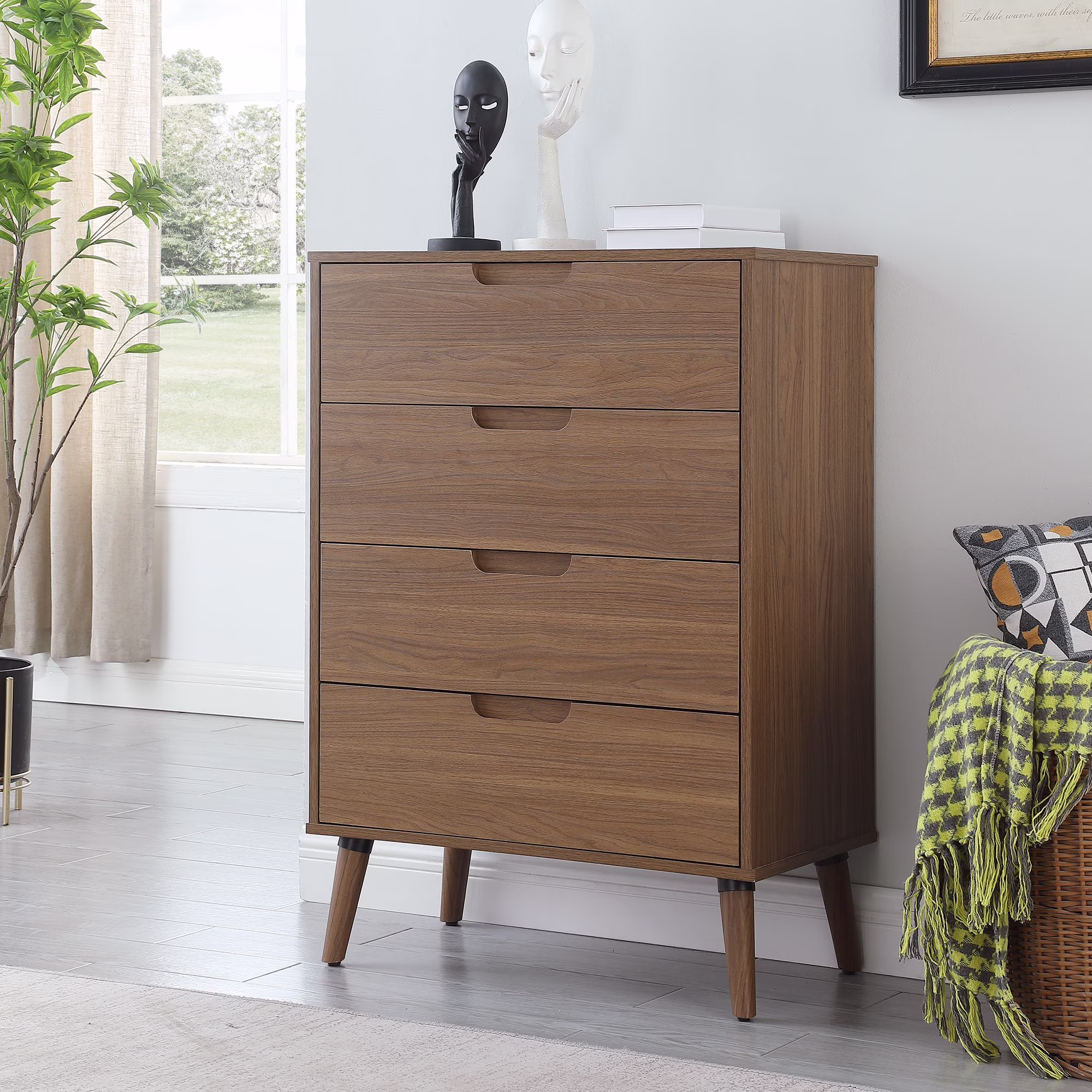 Mainstays, Modern 4 Drawer Wood Dresser, Bedroom, for All Ages, Brown Walnut