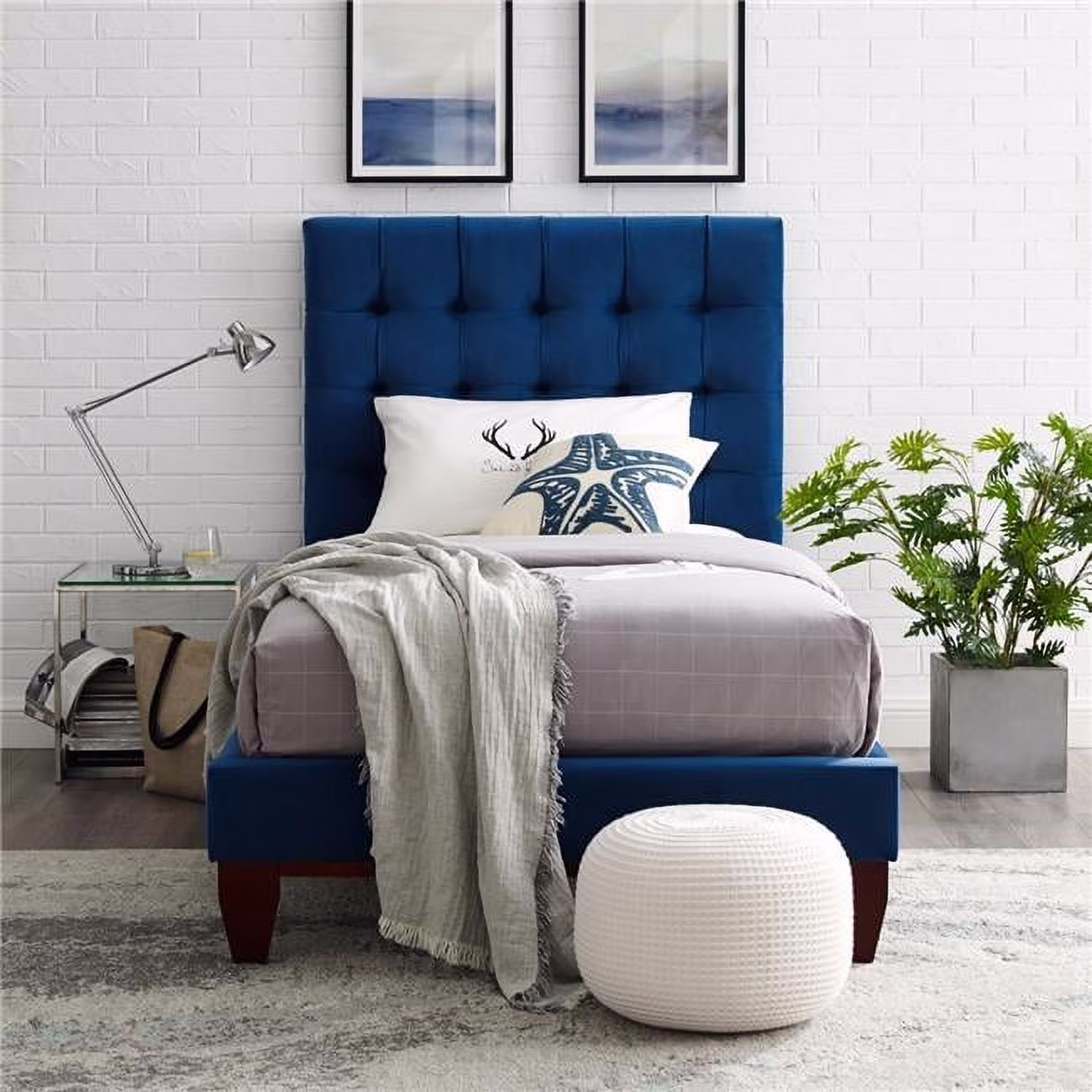 Blake Beds Navy Velvet Twin Button Tufted