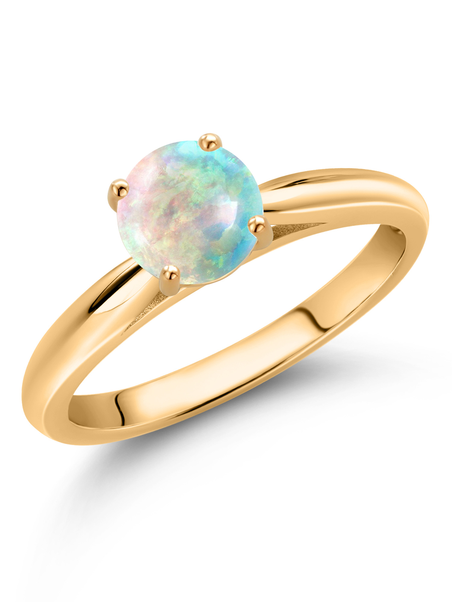 Gem Stone King 1.00 Ct Round Cabochon White Simulated Opal 10K Yellow Gold Solitaire Engagement Ring
