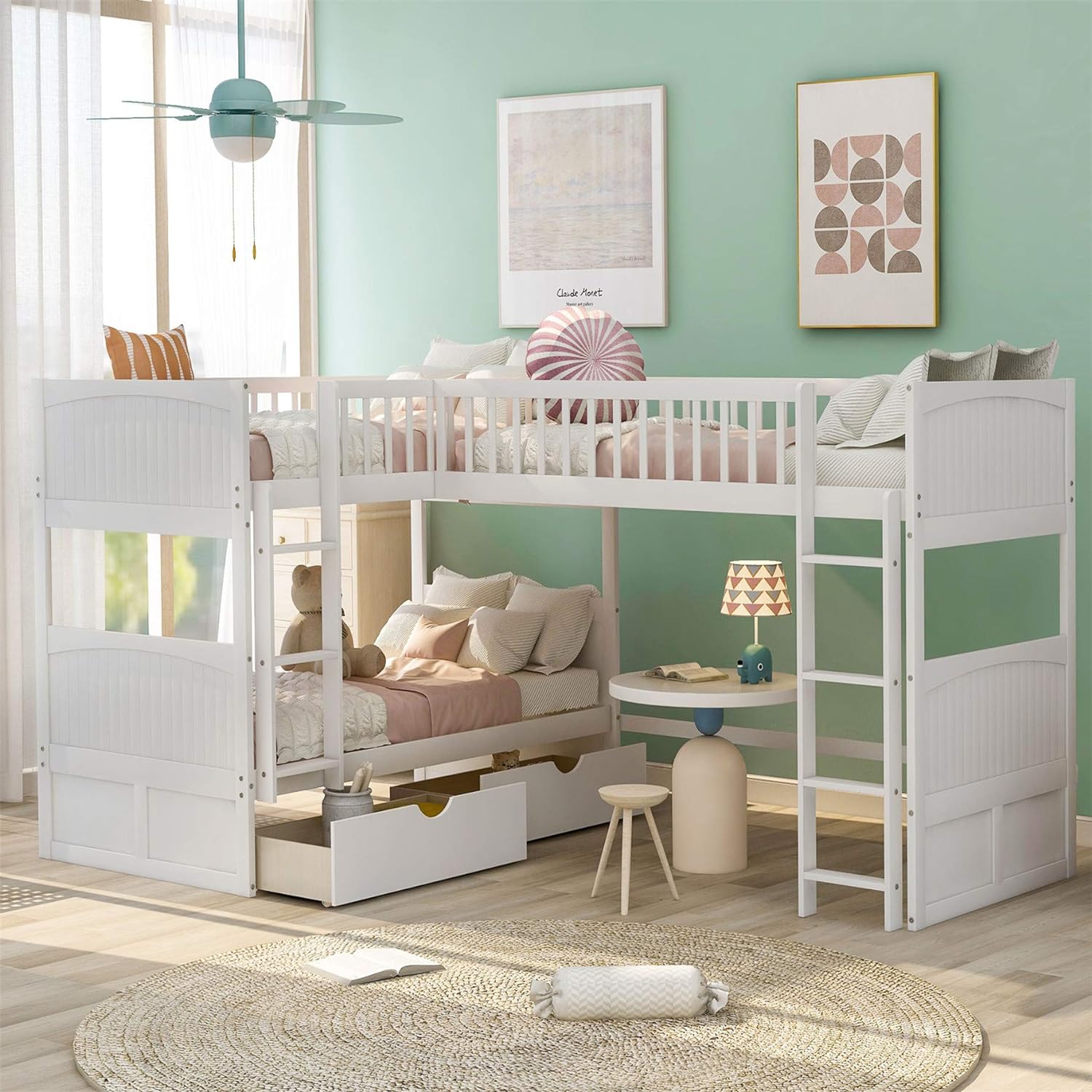 Triple Bed, L Shaped -Over- Buk Bed Attached A Loft Bed,Wood Buk Beds With 2 Drawers Ad 2 Ladders, 3 Bed Buk Beds For Kids,Tees,White