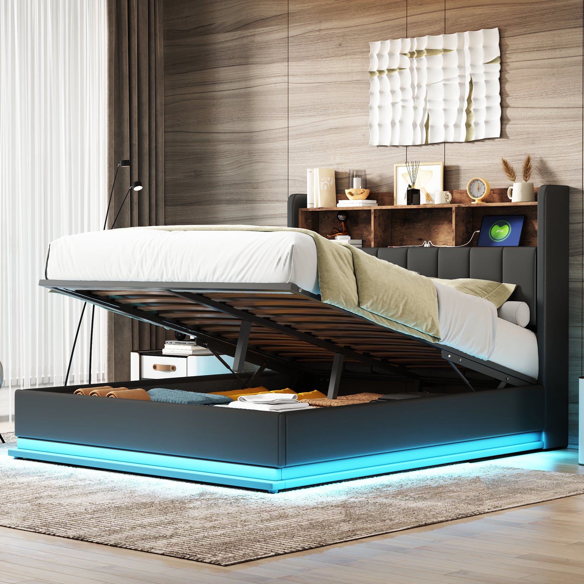 Pak Queen Size Platform Bed with Storage Headboard - Black