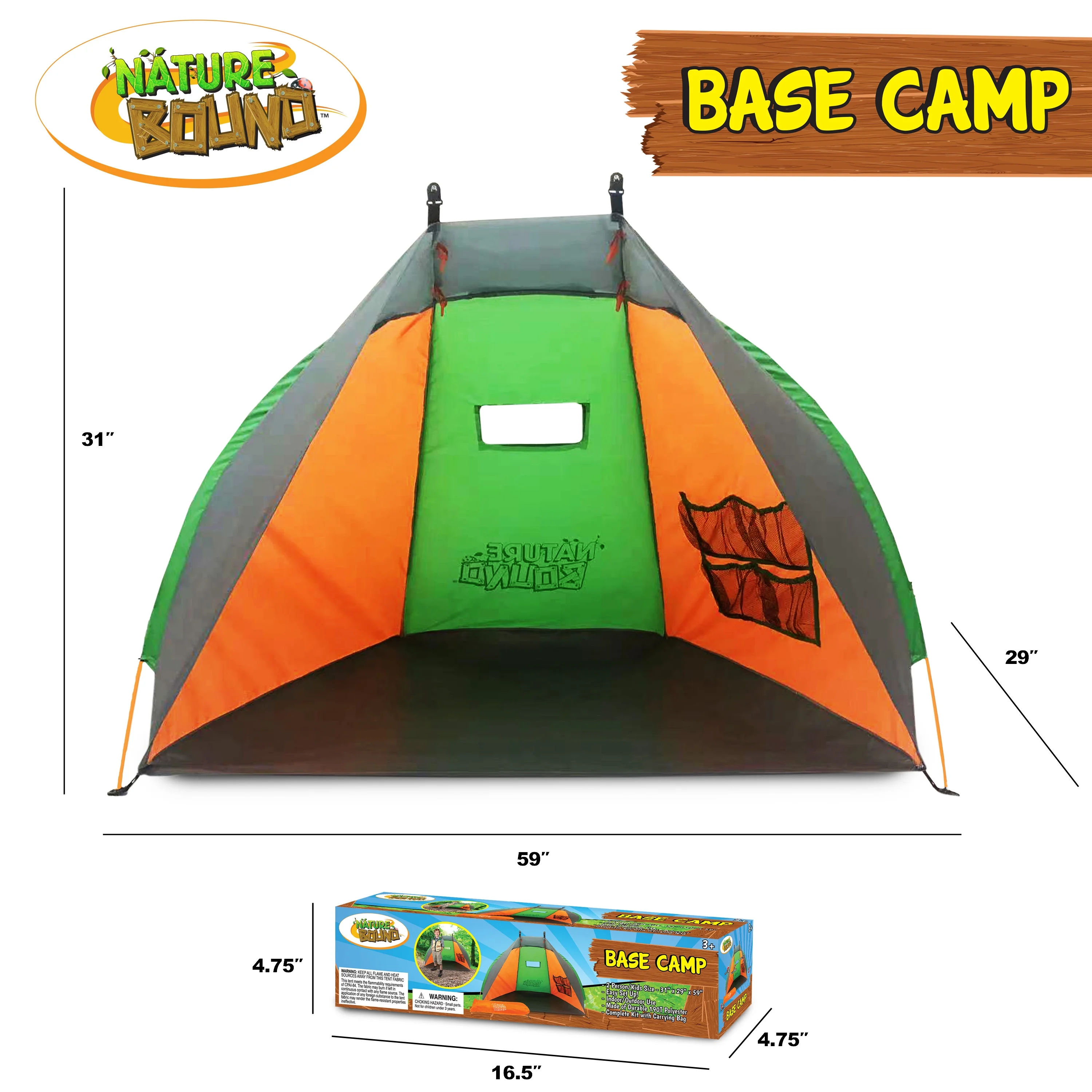 Nature Bound Base Camp 2-Person Kids Tent - Durable Indoor & Outdoor Camping Play Gear for Boys & Girls, Green & Orange