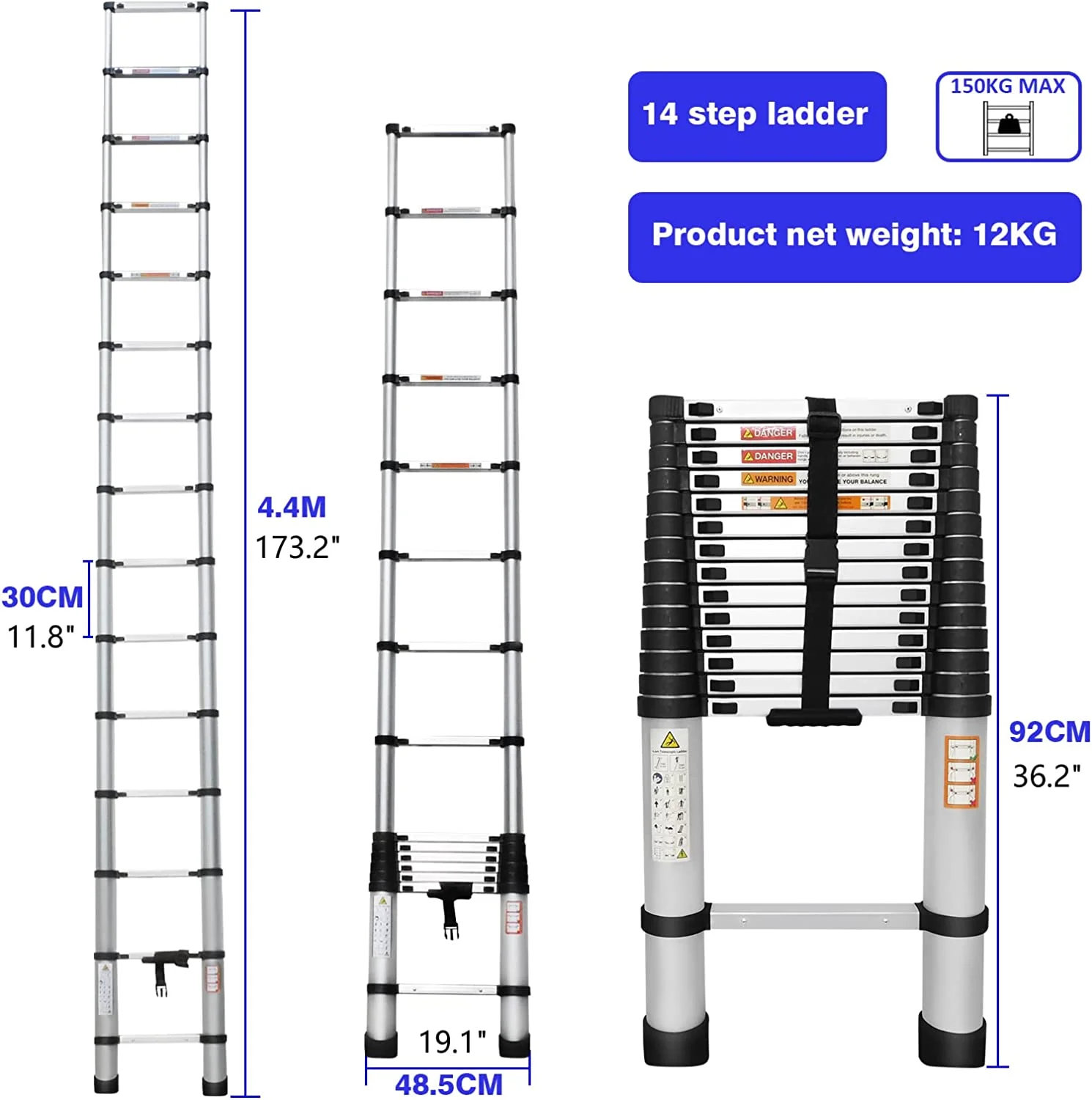 Telescoping Ladder 14.4FT Aluminum Lightweight Extension Ladder with Non-Slip Feet, Multi-Purpose Collapsible Ladder for Household Or RV Outdoor Work, Roof Ladder, Heavy Duty 330lbs Capacity, EN131