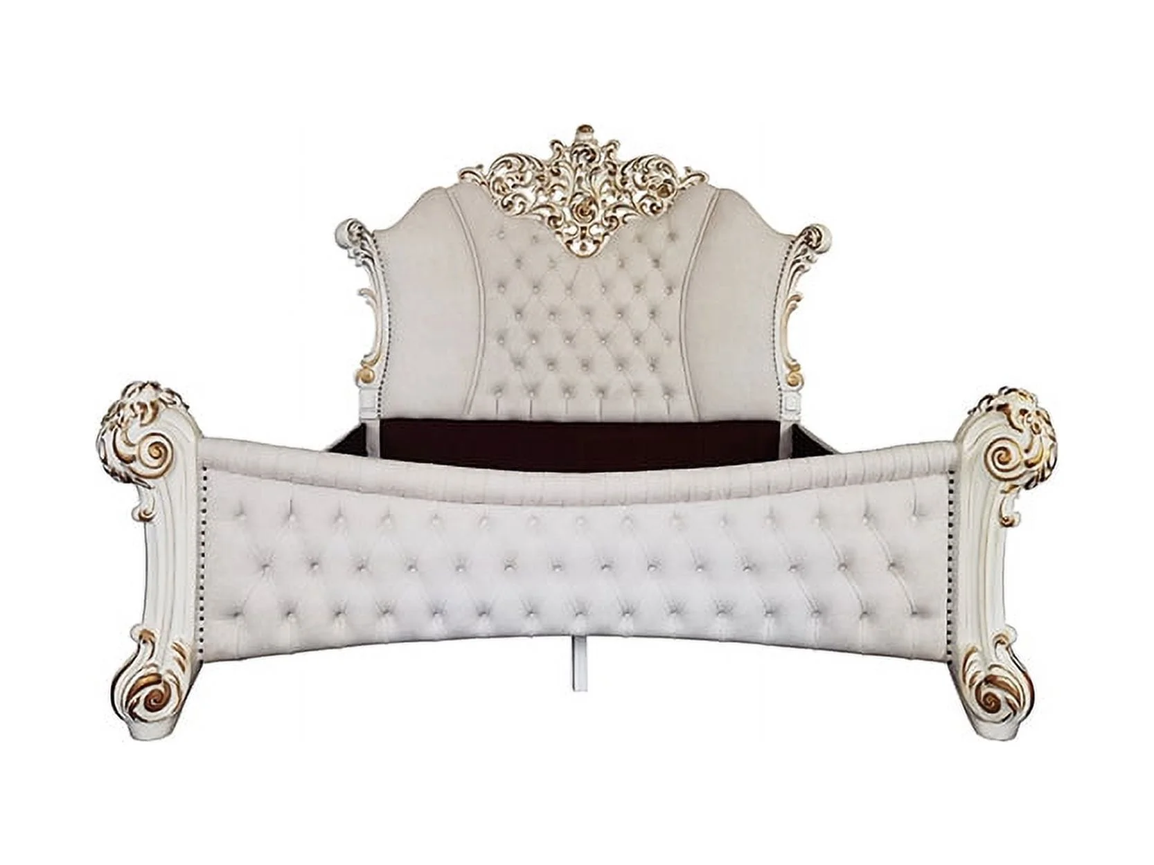 Vendome Queen Bed in Two Tone Ivory Fabric & Antique Pearl Finish