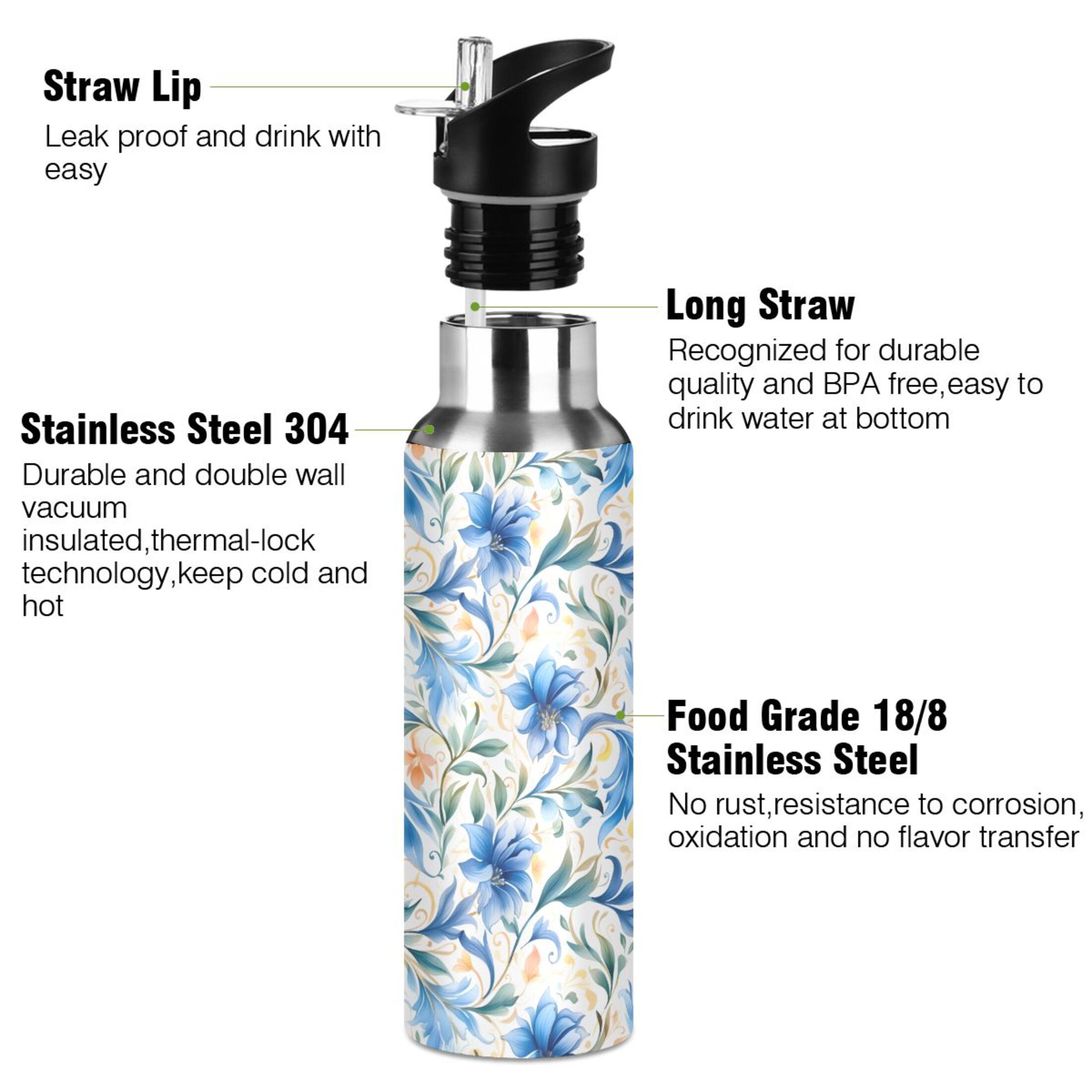 Water Bottle with Straw Lid Leak Blue Flowers Floral Stainless Steel Insulated Thermos Vacuum Flask for Cold Hot Drinking for Sports Camping Gym Yoga