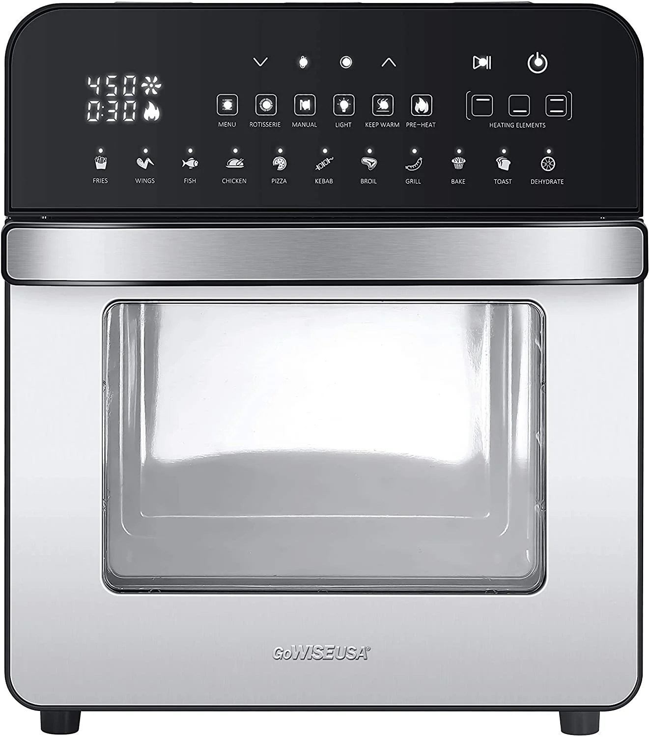 Stainless Steel and Black Ultimate 14.7-Quart Air Fryer Oven Grill with Dual Heating Elements, Cast Aluminum Grill Plate, oven with Rotisserie