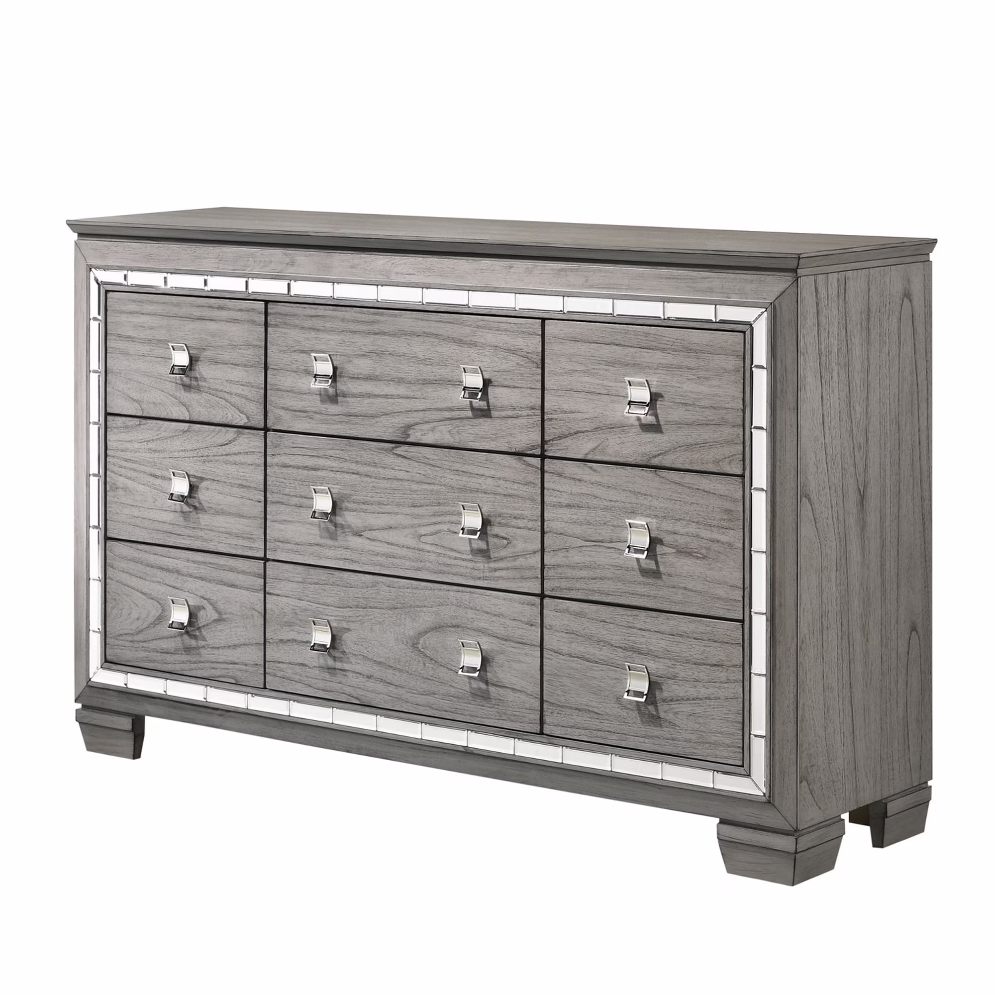 Dresser with 9 Drawers and Mirror Trim Inlay, Gray