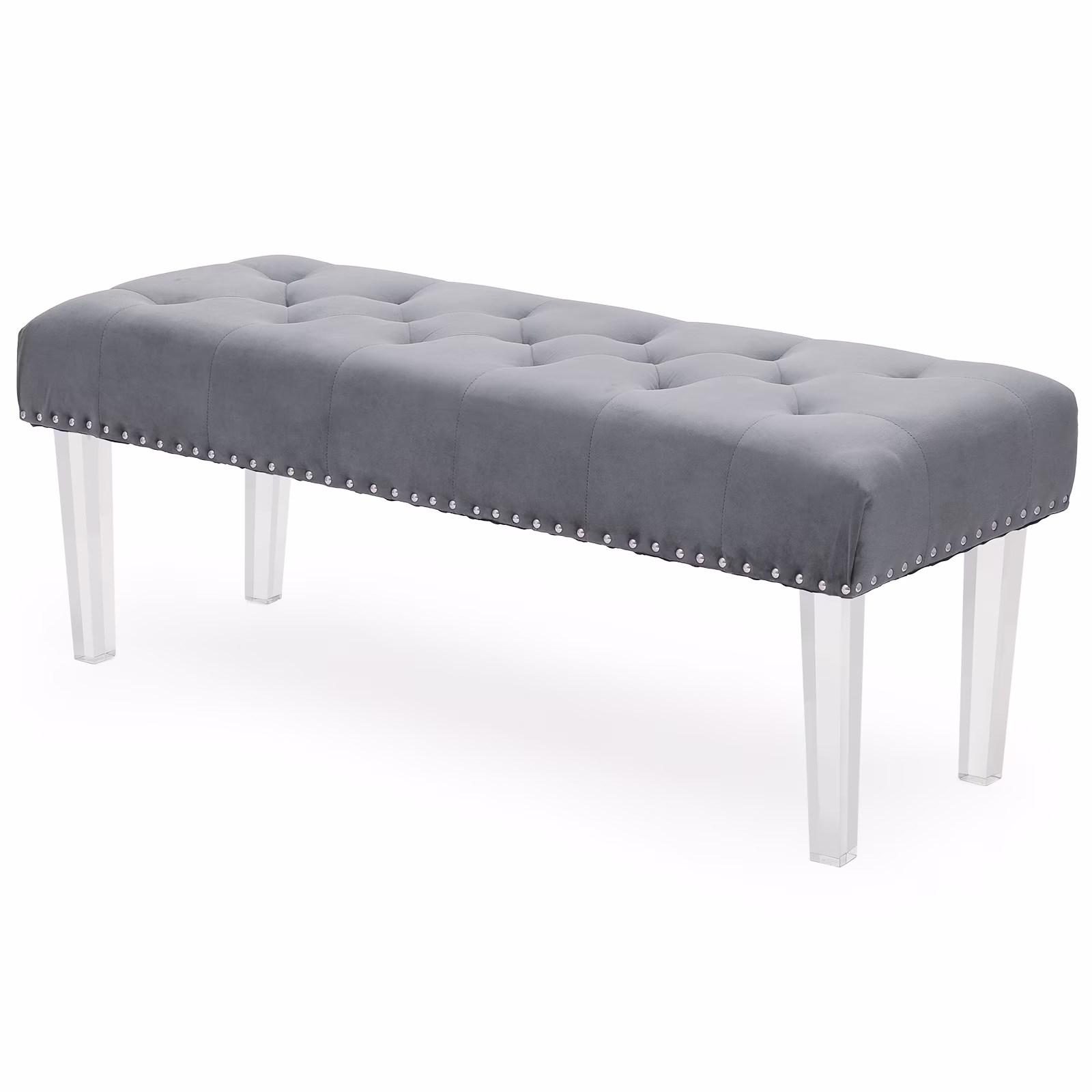 Magshion Tufted Velvet Ottoman, Entryway Wooden Stand Upholstered Seat Shoe Stool, Bedroom End of Bed Bench, Home Microfiber Fabric Footstool, Grey