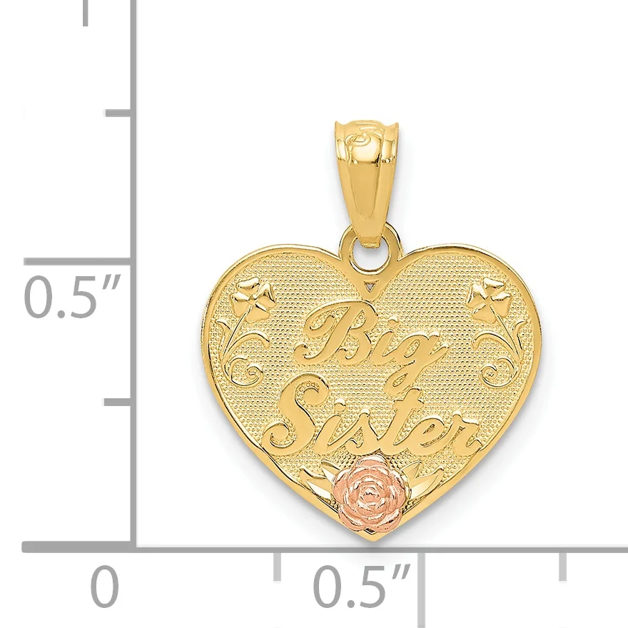 Carat in Karats 14K Two-Tone Gold Two-Tone Big Sister Heart Pendant (20mm X 15mm) With 14K Yellow Gold Light Weight Rope Chain 16