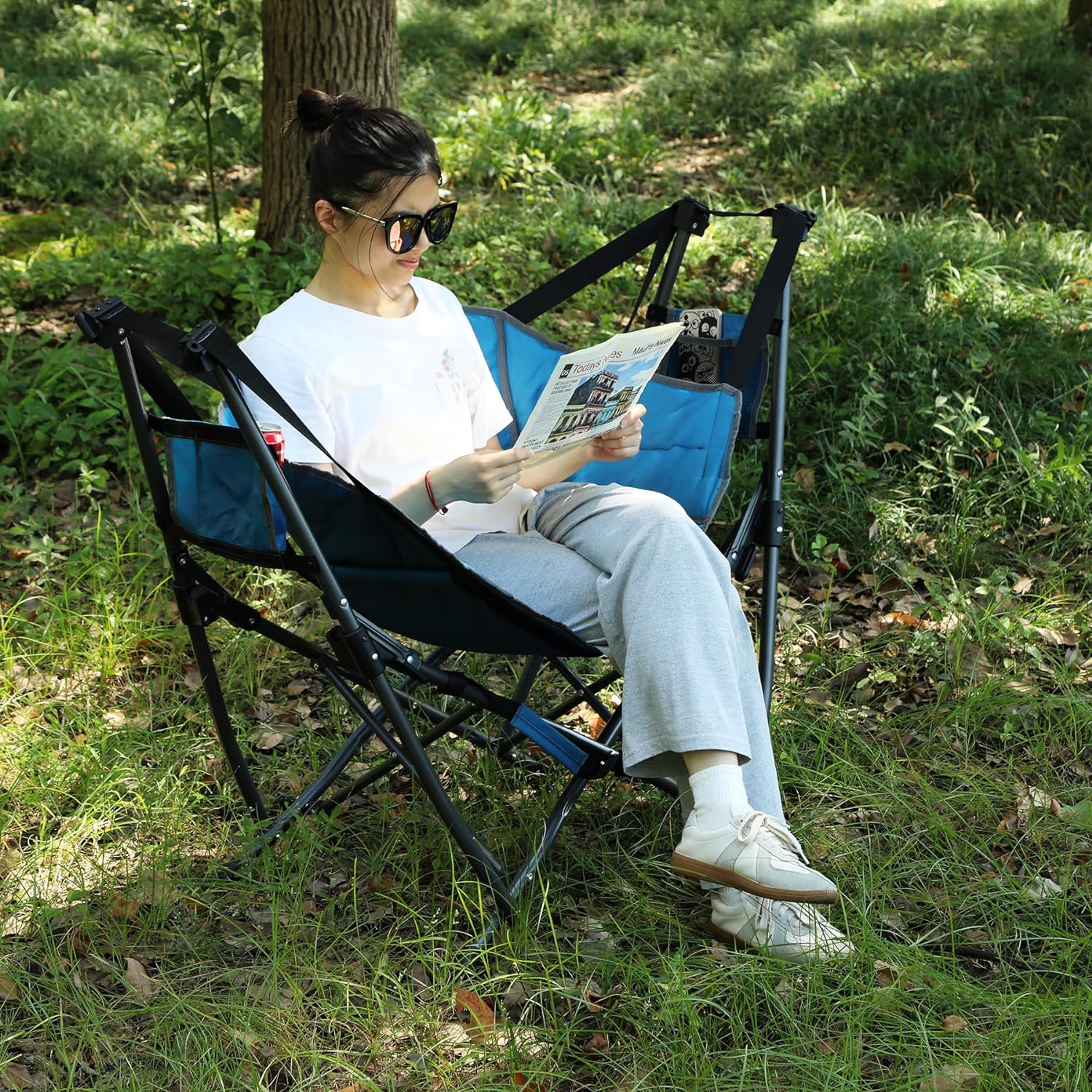 QCAI Portable Hammock Camping Chairs for Adults, Padded Folding Swinging Camping Chair with Stand, Cup Holder for Outdoor Beach Fishing Trips Patio