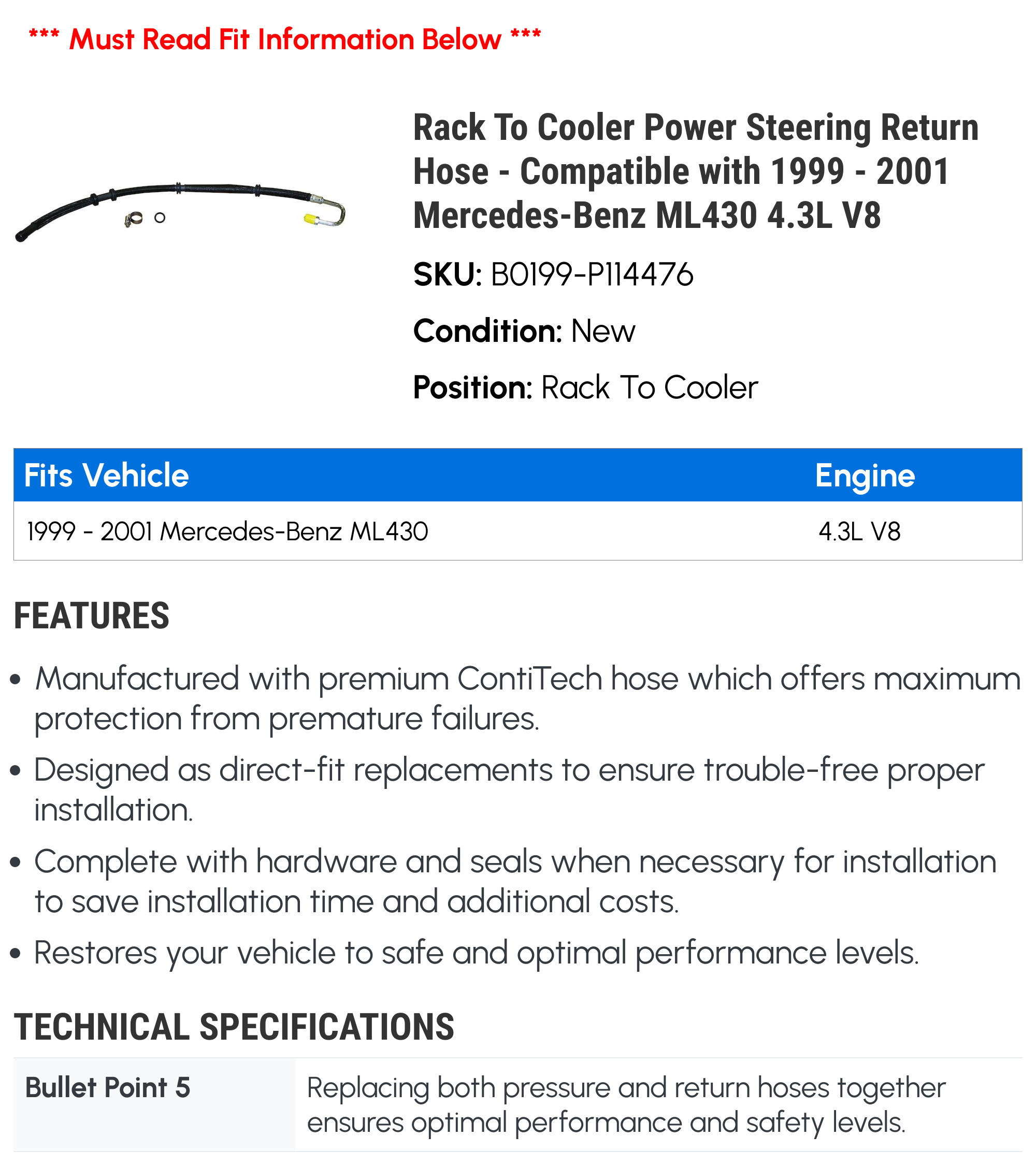 Rack To Cooler Power Steering Return Hose - Compatible with 1999 - 2001 Mercedes-Benz ML430 4.3L V8 2000