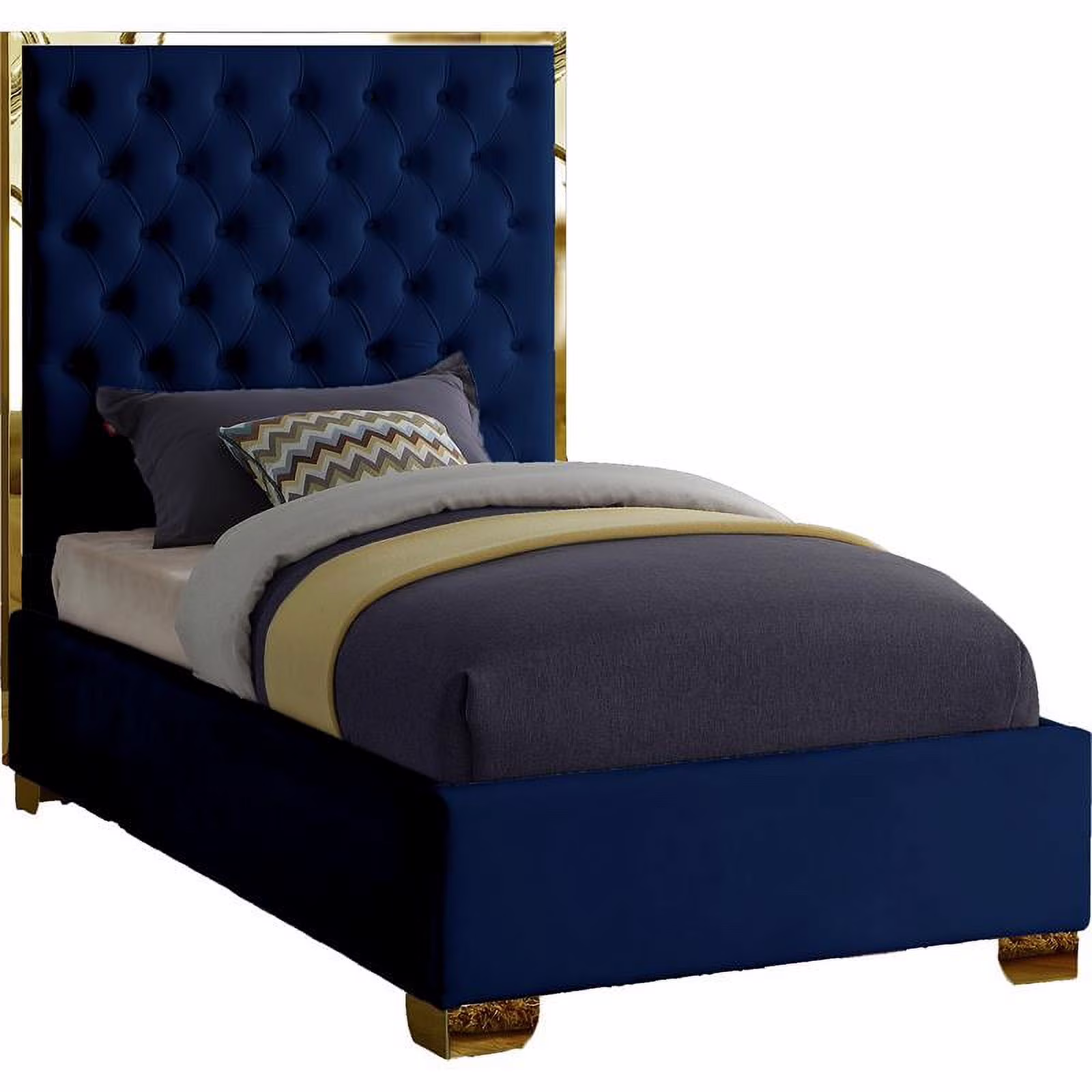 Maklaine Contemporary Solid Wood and Velvet Twin Bed in Navy
