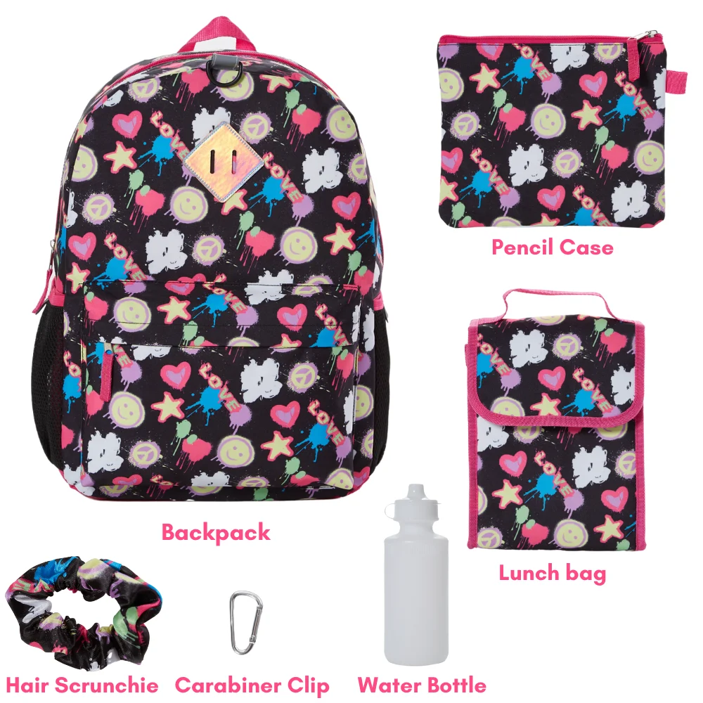 Club Libby Lu Heart Love Girls Backpack with Lunch Box and Water Bottle 6 Piece Set 16 inch Black