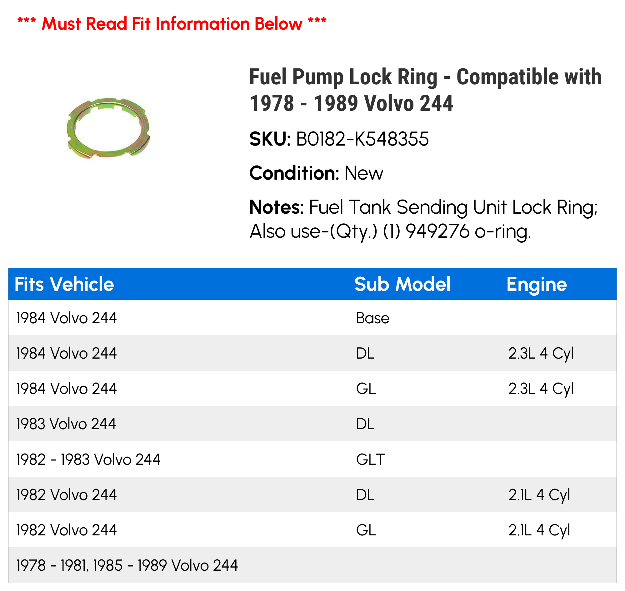 Fuel Pump Lock Ring - Compatible with 1978 - 1989 Volvo 244 1979 1980 1981 1982 1983 1984 1985 1986 1987 1988