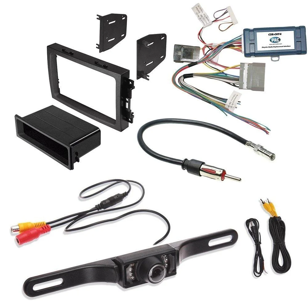 JEEP DODGE CHRYSLER 2004- 2008 ( SELECT MODELS ) AFTEMARKET CAR STEREO INSTALL KIT DASH MOUNTING KIT + RADIO REPLACEMENT INTERFACE + RADIO ANTENNA ADAPTER + REAR VIEW CAMERA