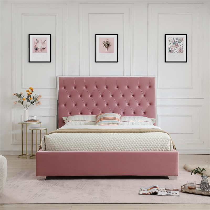 Better Home Products Sophia Velvet King Bed with Silver Metal Frame in Pink