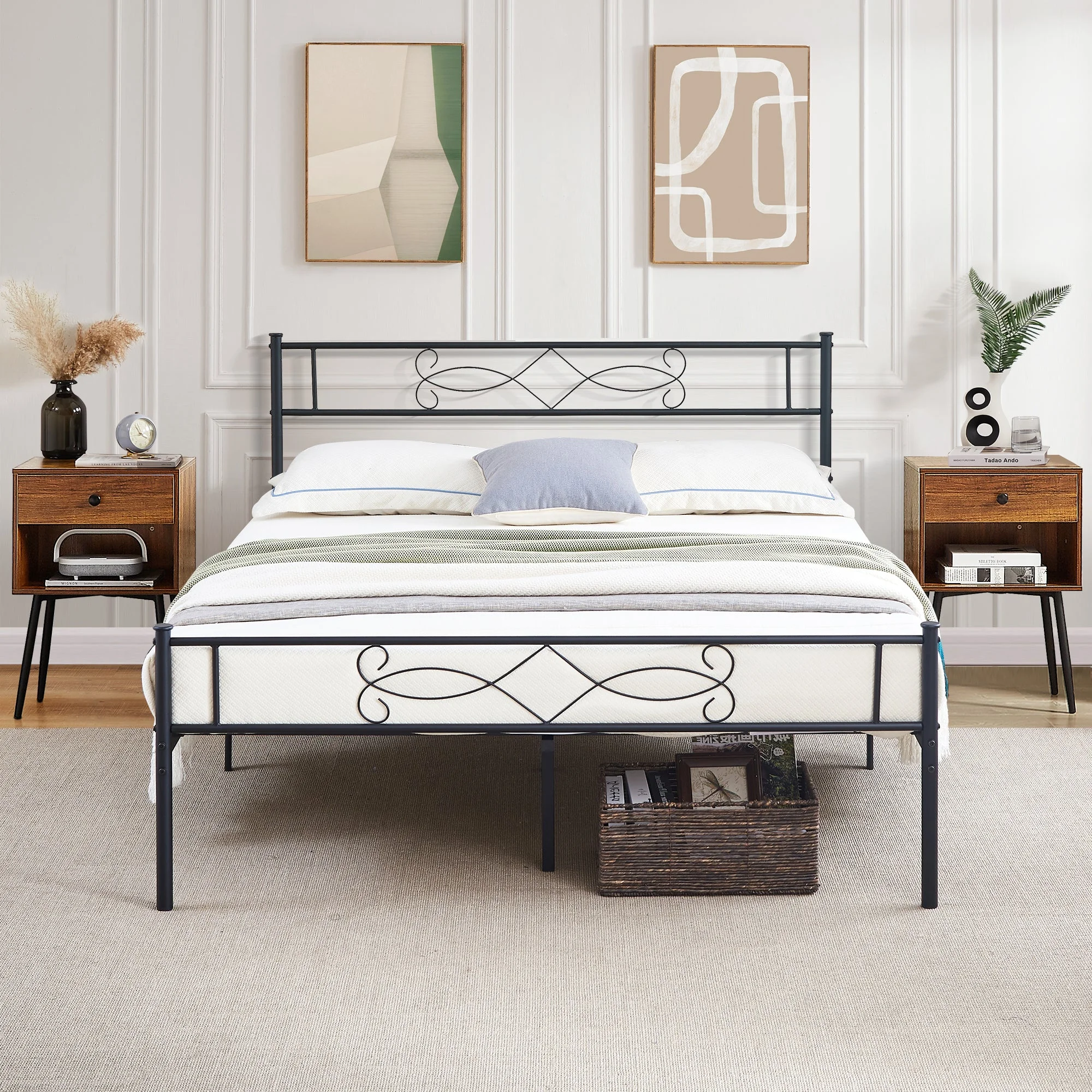 VECELO 3-piece Bedroom Set, Metal Bed Frame and Nightstands, Full Size