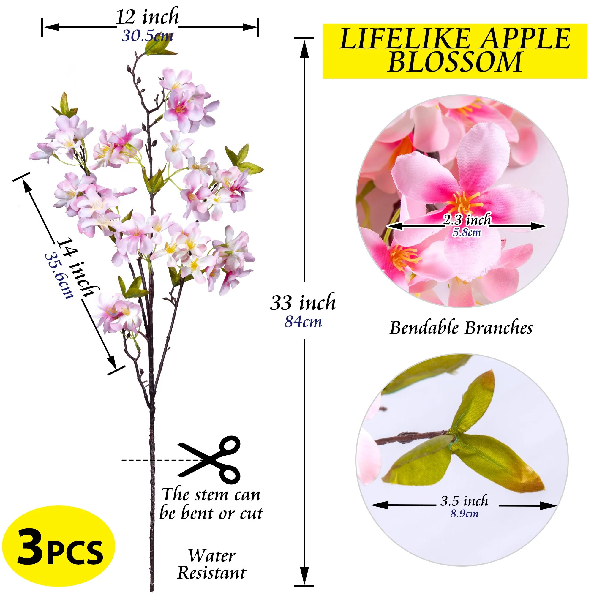 Grand Verde Apple Blossom Artificial Tree Branches 33” Long Stem Silk Flowers Faux Bouquet for Tall Vase Indoor Home Décor Bulk 3pcs (Pink)