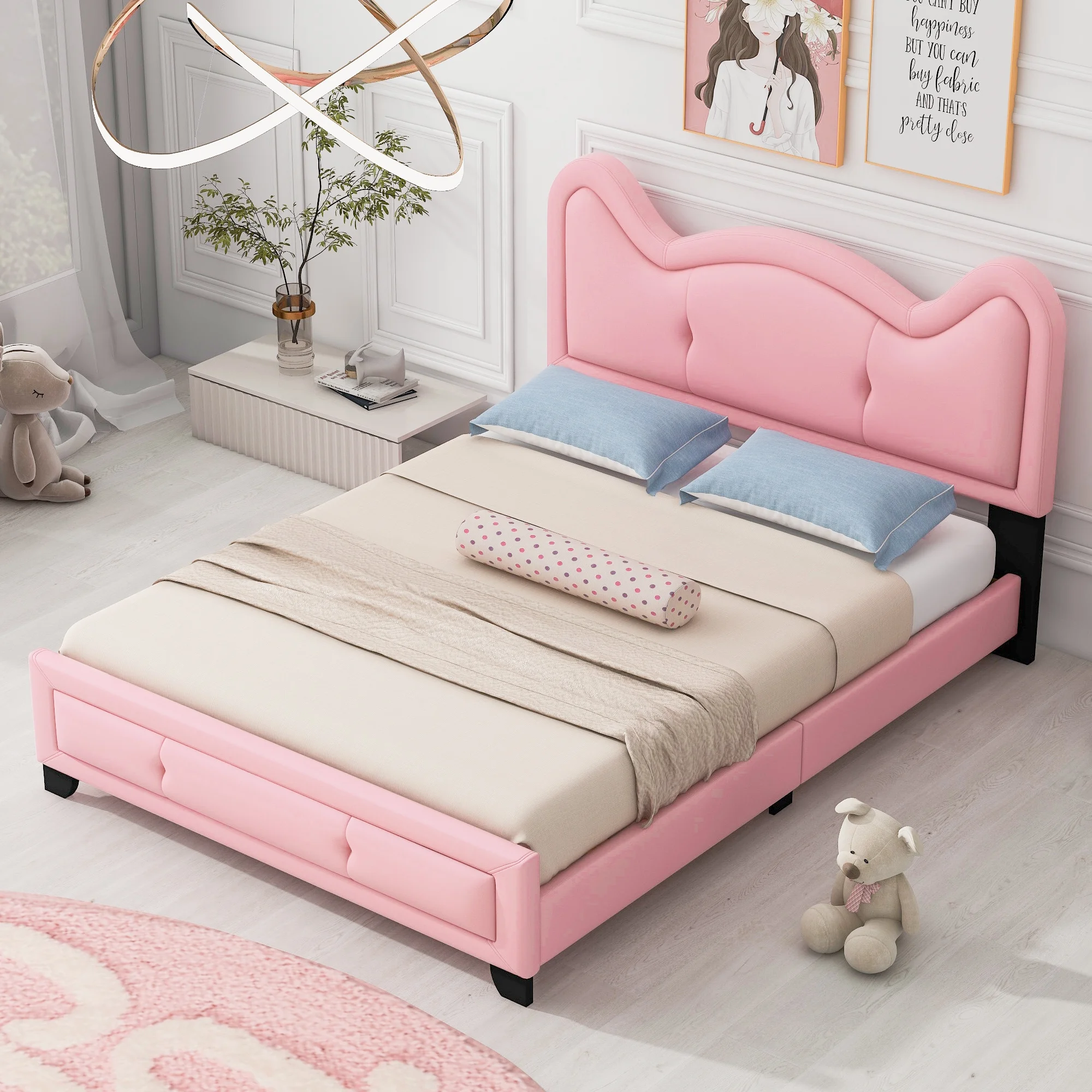 Euroco Upholstered Carton Ears Shaped Full Size Platform Bed with Headboard for Kids, Pink