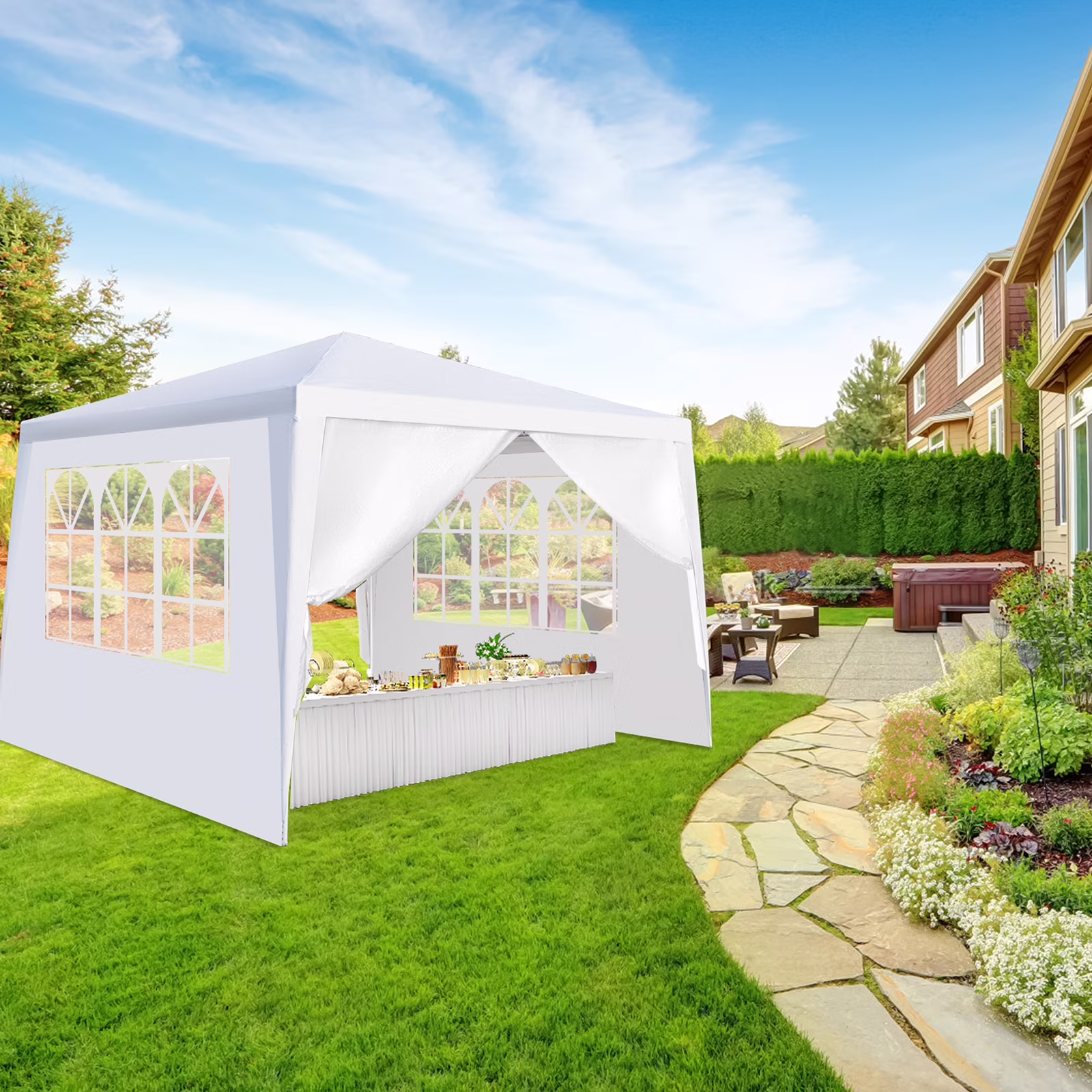 UBesGoo 10' x 10' Canopy Tent  Party  Outdoor Wedding W/4 Sidewalls White