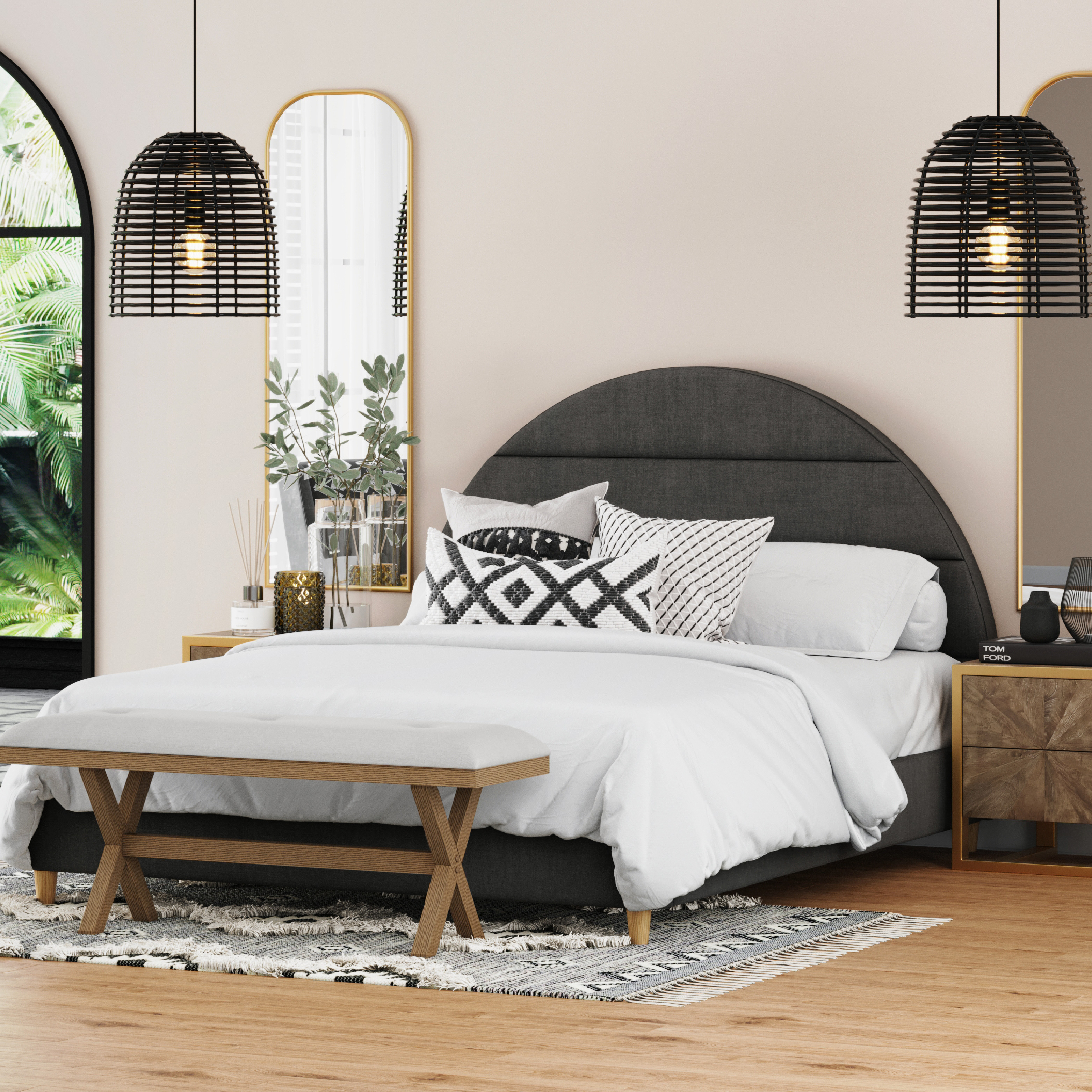 DG Casa Quinn Queen Size Arch-Shaped Headboard Platform Bed Frame, Charcoal Grey Fabric