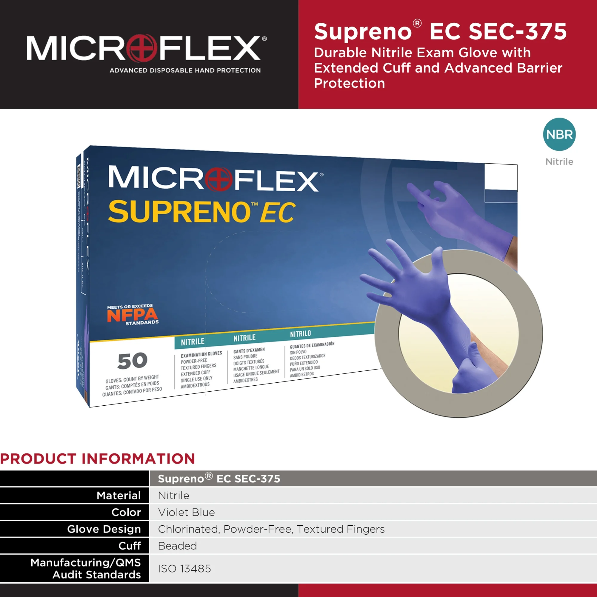 Supreno EC Disposable Nitrile Exam Glove Extended Cuff Length X-LARGE SEC-375-XL 500 per Case