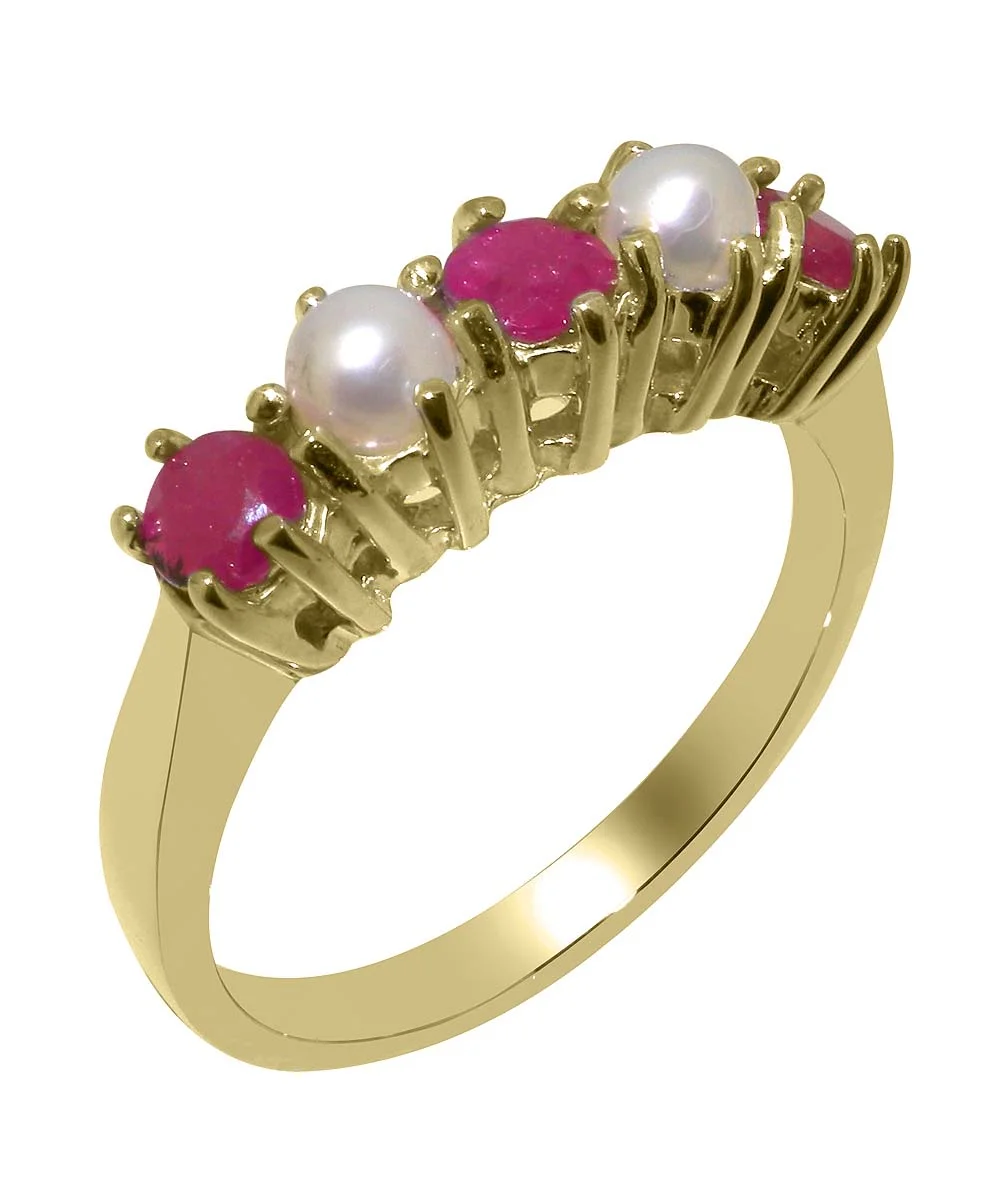 LBG British Made 18k Yellow Gold Natural Ruby & Cultured Pearl Ladies Eternity Ring - 33 size options - Size 10