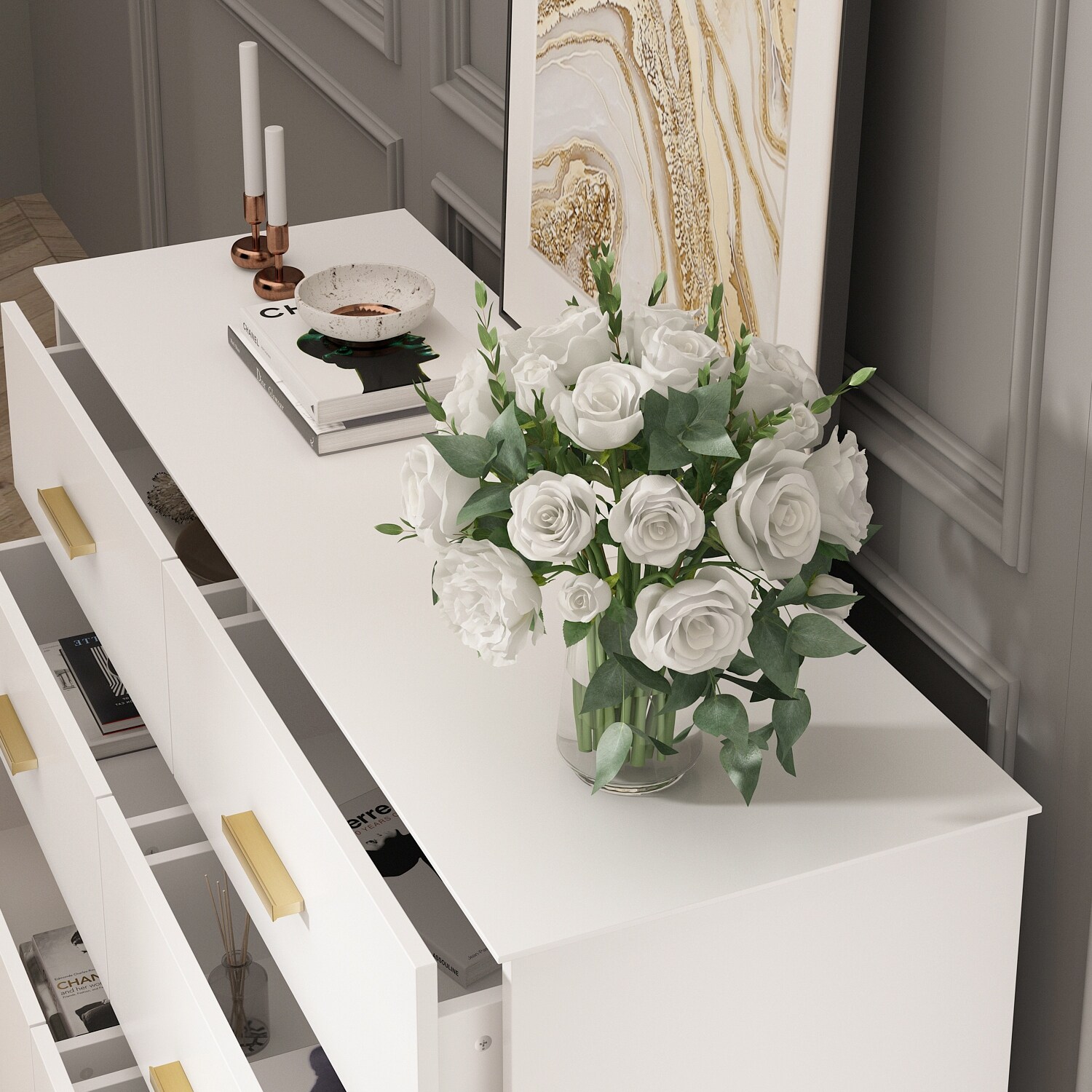 Timechee 6 Drawer 47.2''W Double Dresser Solid Wood Legs Lacquer Chest Black