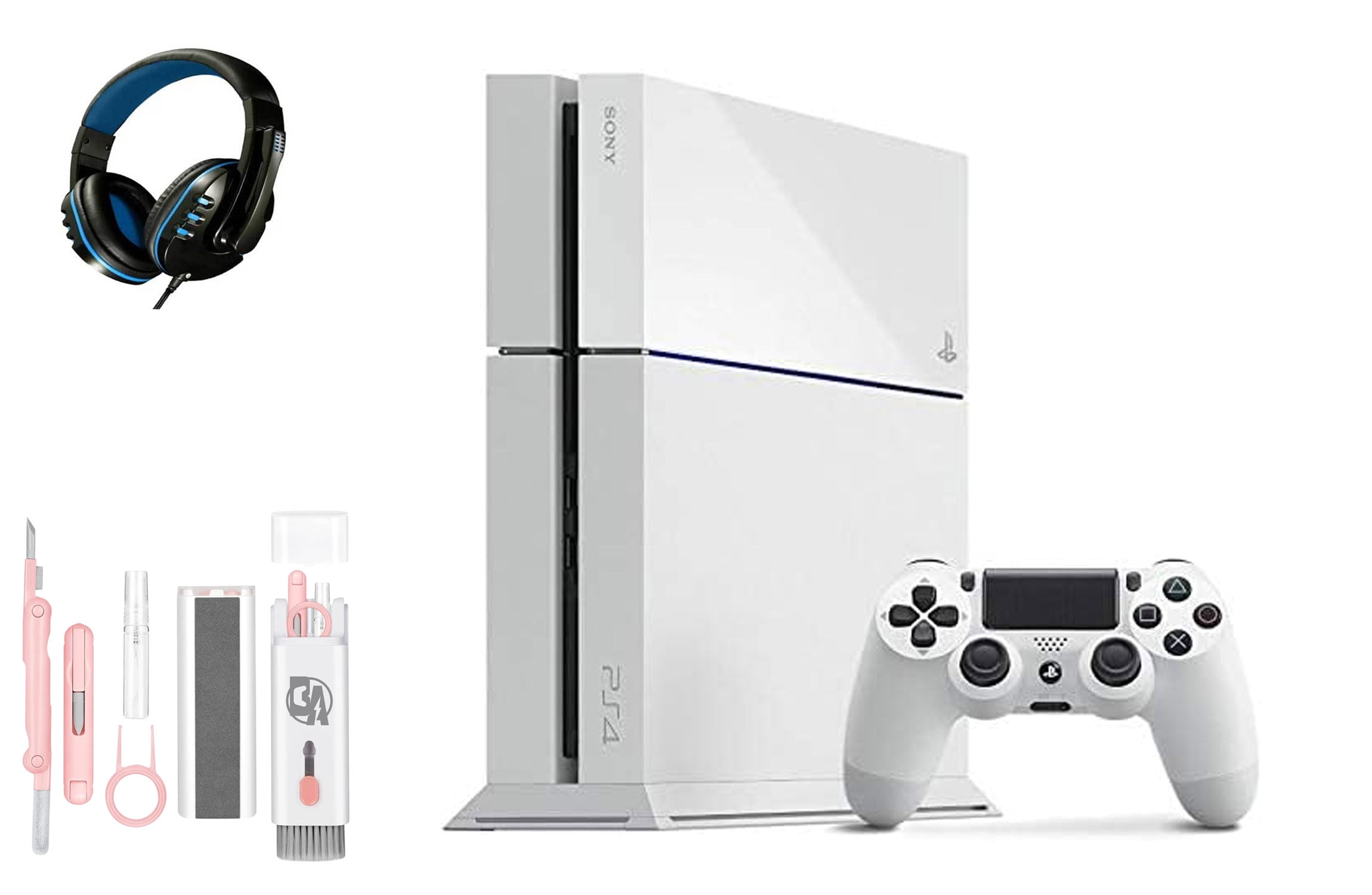 Pre-Owned Sony PlayStation 4 500GB Gaming Console White Headset with BOLT AXTION Cleaning Kit Bundle (Refurbished: Like New)