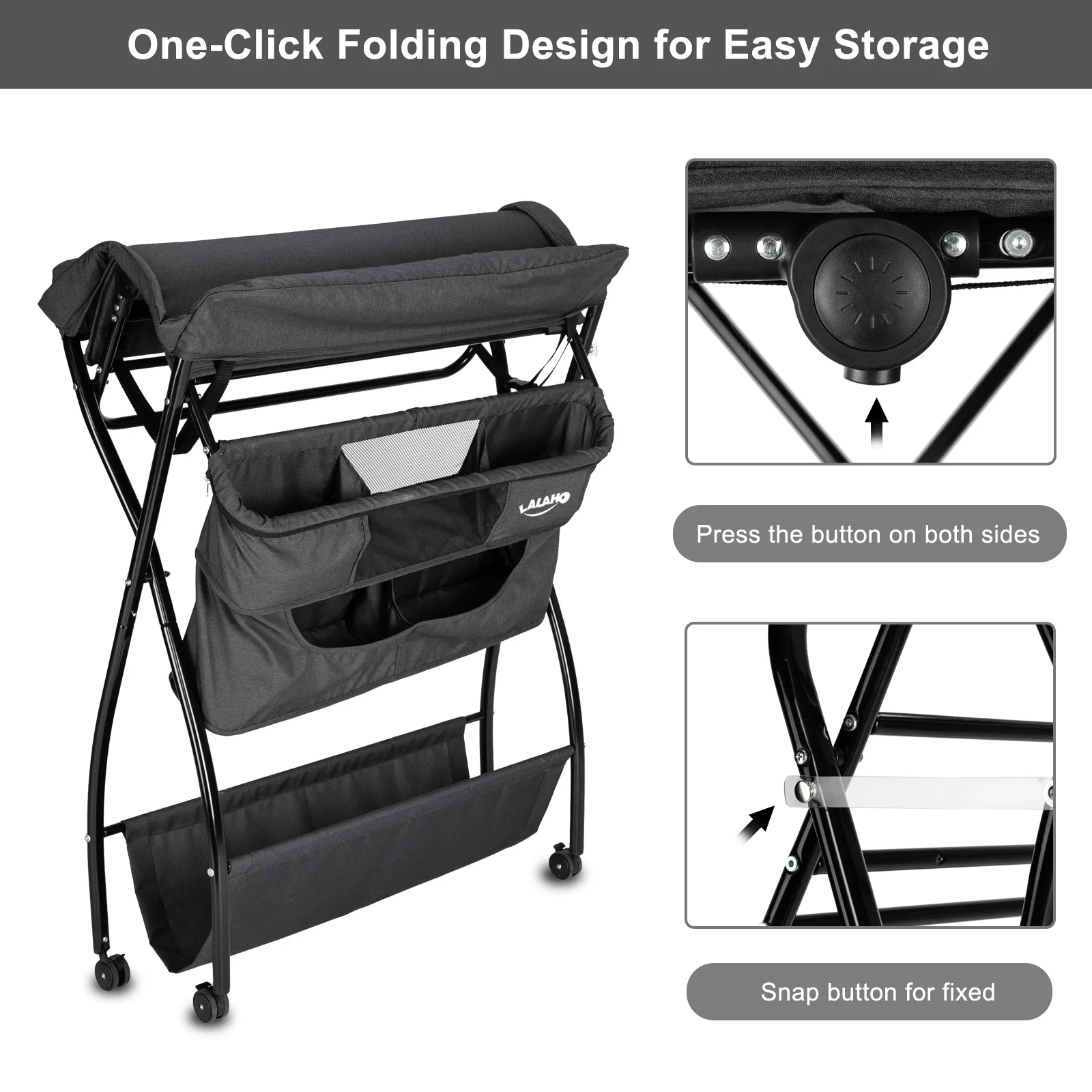 LALAHO Folding Baby Changing Table,Diaper Table,Lockable Wheels,Storage Basket, Black