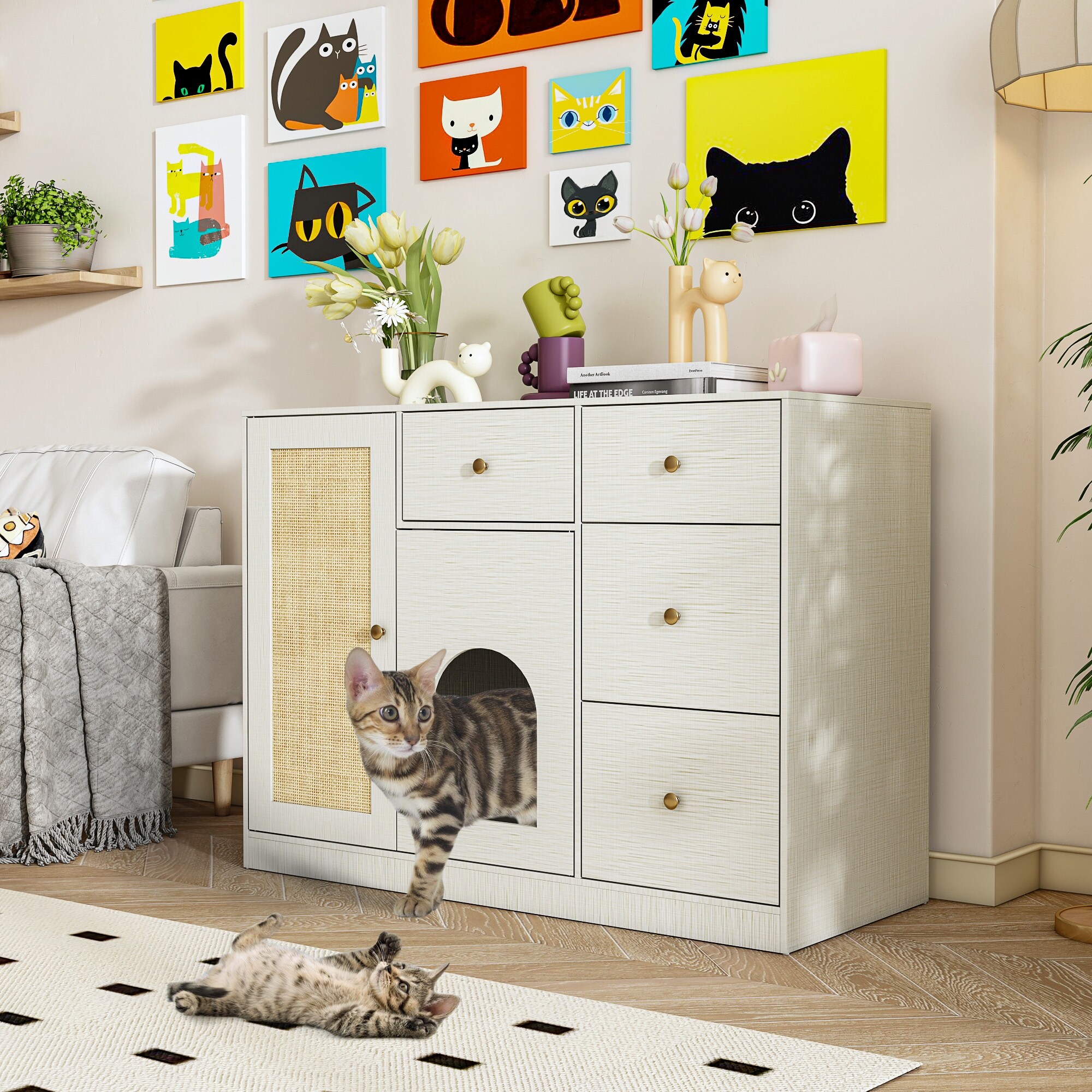 Sisal door Cat Litter Box Enclosure Furniture with 4 drawers,Cat holes - 47.2