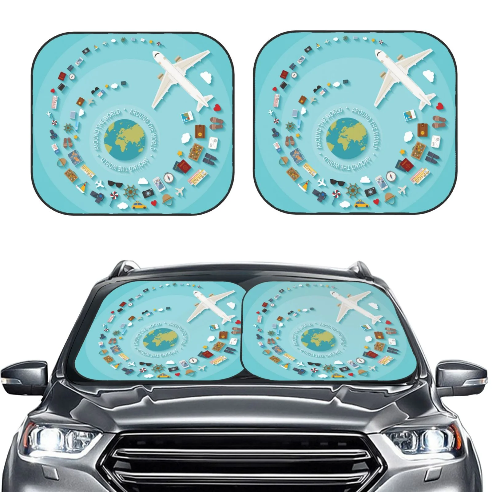 Lukts Travelling On Airplane Print 2 Piece Car Sun Shade Windshield,Foldable Car Shade Front Windshield With Keeps Your Vehicle Cool, For Most Sedans Suv And Trucks - Small