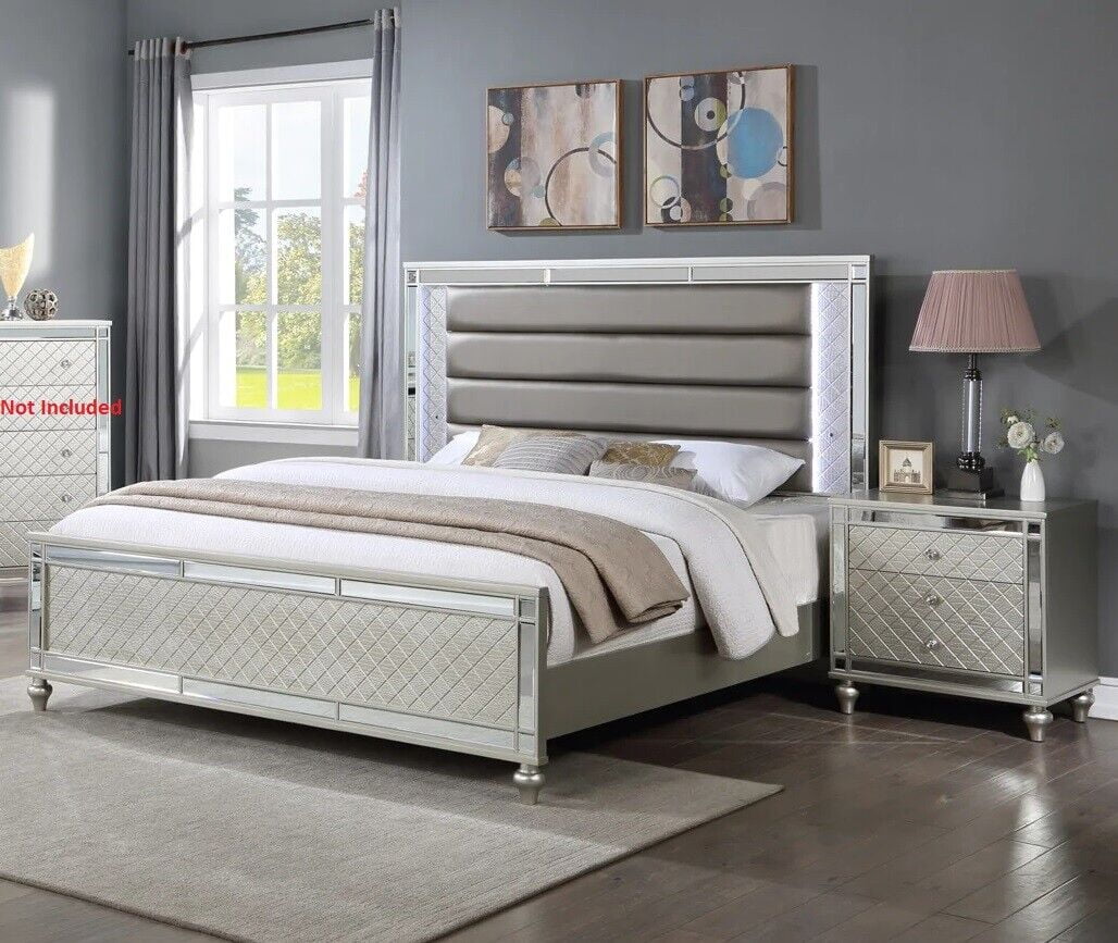 Modern Glam Style 3pc King Size Upholstery LED Bed and Nightstands Wooden Master Bedroom Furniture Set